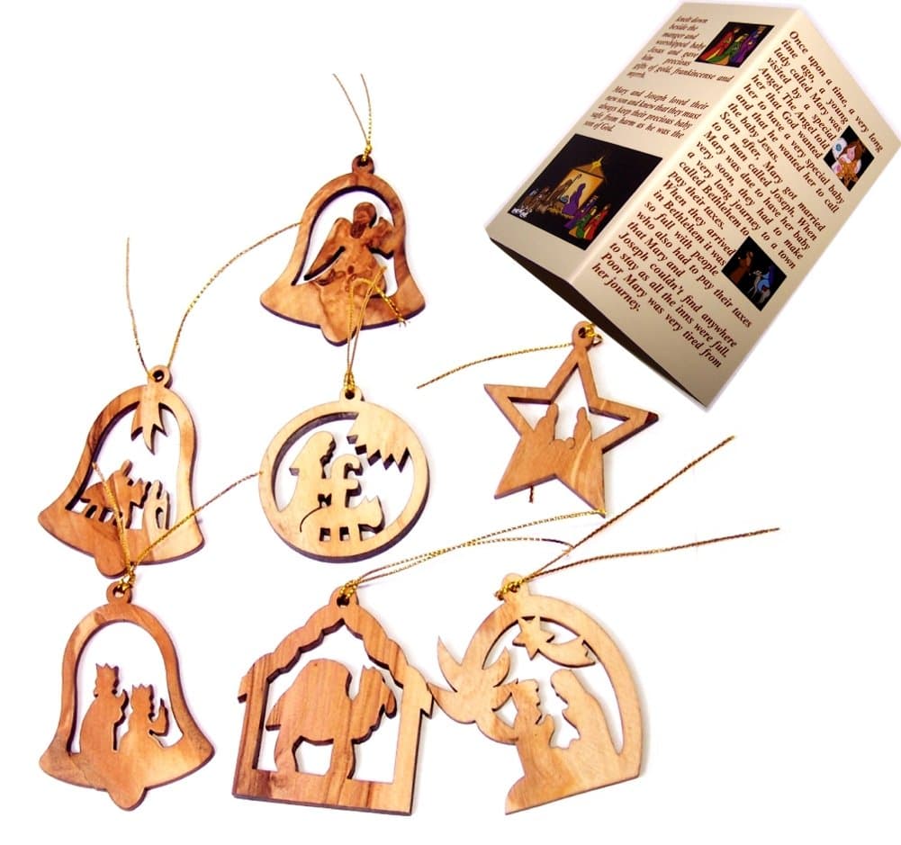 Holy Land Market Bethlehem Olive Wood Complete 7-Piece Christmas Ornament Set - Christmas Decorations with Nativity Story Booklet, Inspirational Hand Carved Christmas Decor, Christian (7, Flat Set)