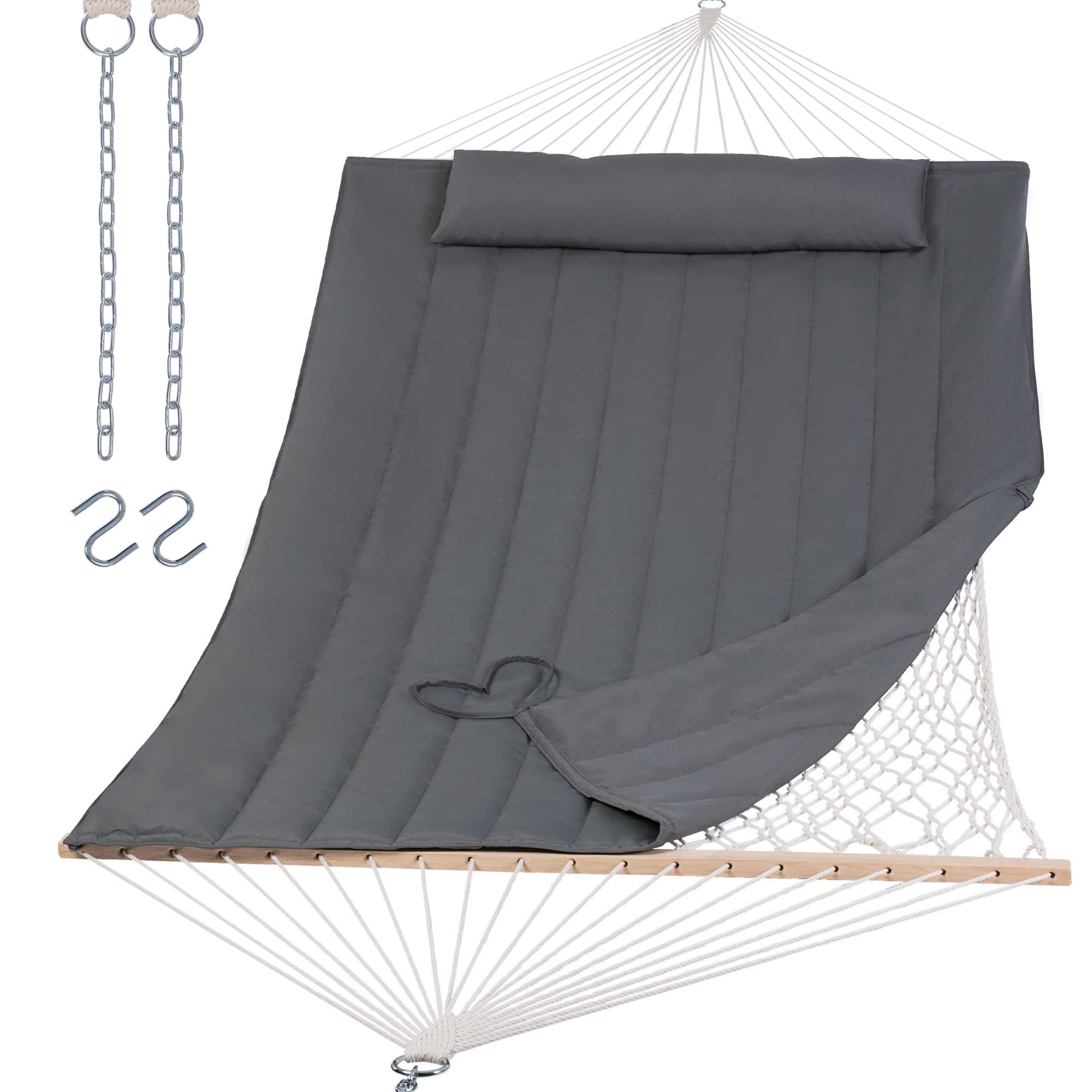 SUNCREATHammocks 2 Person Hammock with Hardwood Spreader Bar, Double Rope Hammock with Polyester Pad, Dark GrayThe Forest Stewardship Council