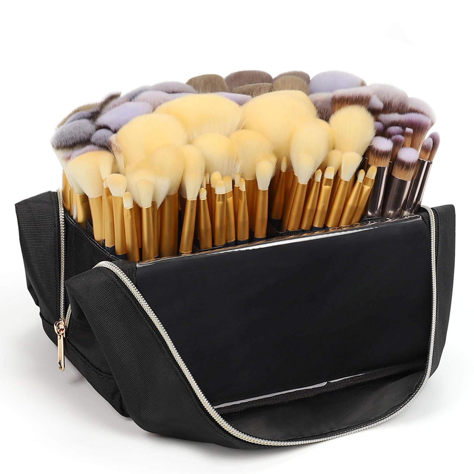 onemoky Makeup Brush Holder, Stand-up Makeup Brush Organizer Bag, Large Capacity Foldable Makeup Brush Travel Case Makeup Bag with Detachable Dividers, Black, Large, Portable