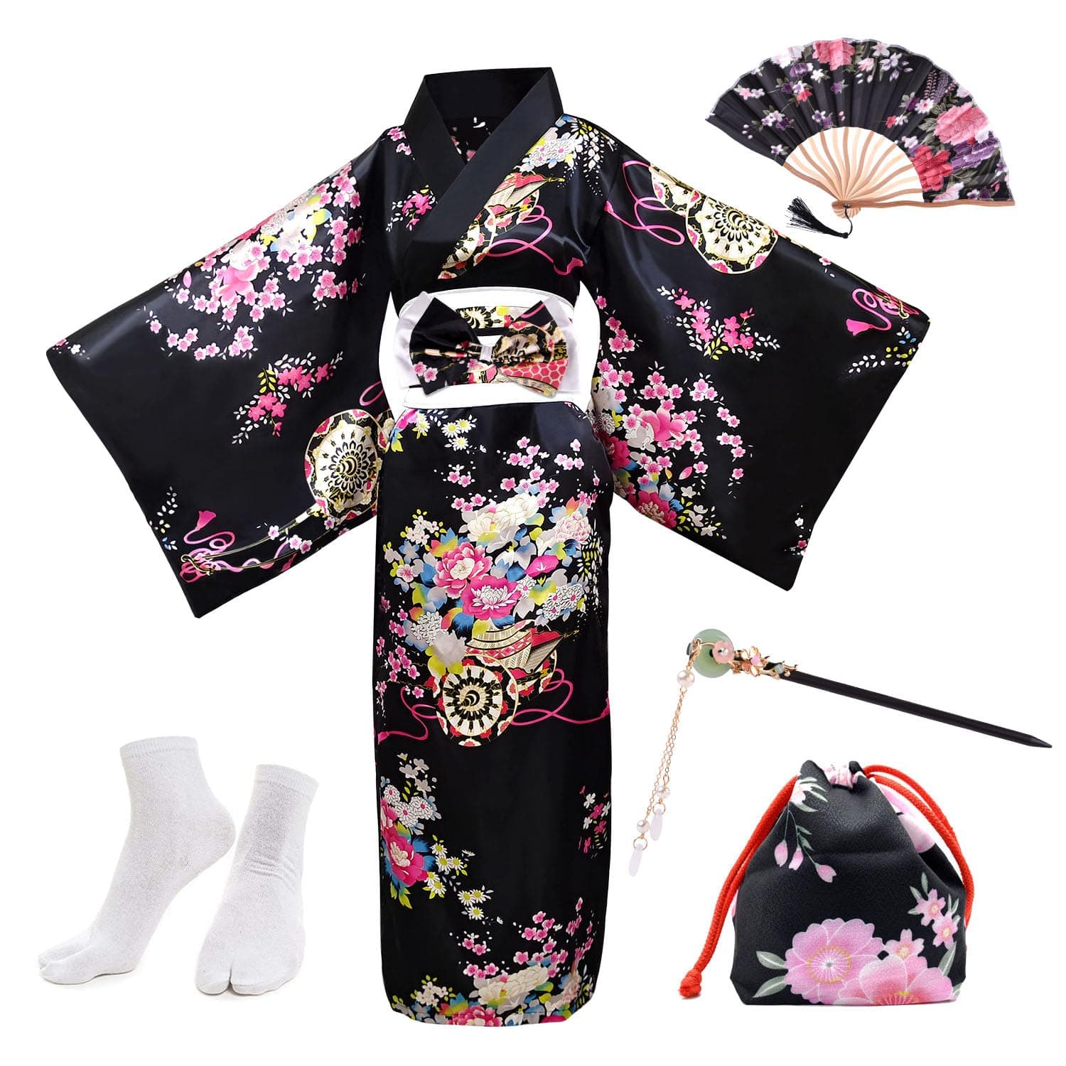 5Pcs Japanese kimono for women, Robe Geisha Yukata Dress Blossom Satin Bathrobe japanese dress for women