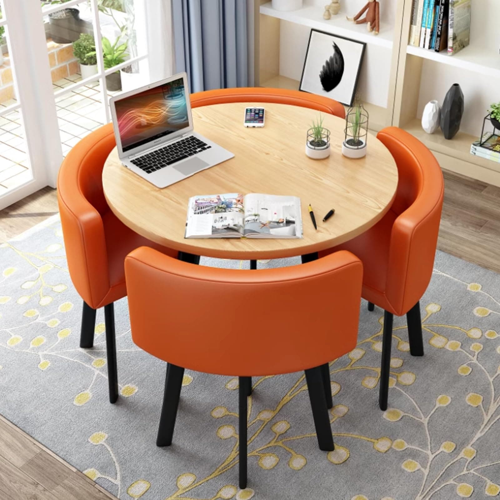 Round Kitchen Dining Table Set for 4, Space Saving Table and Chairs Set with Thick Tabletop 4 Upholstered Chairs, Dinning Room Modern Casual Coffee Table Set(D 31.5inch/80cm, PU Orange)