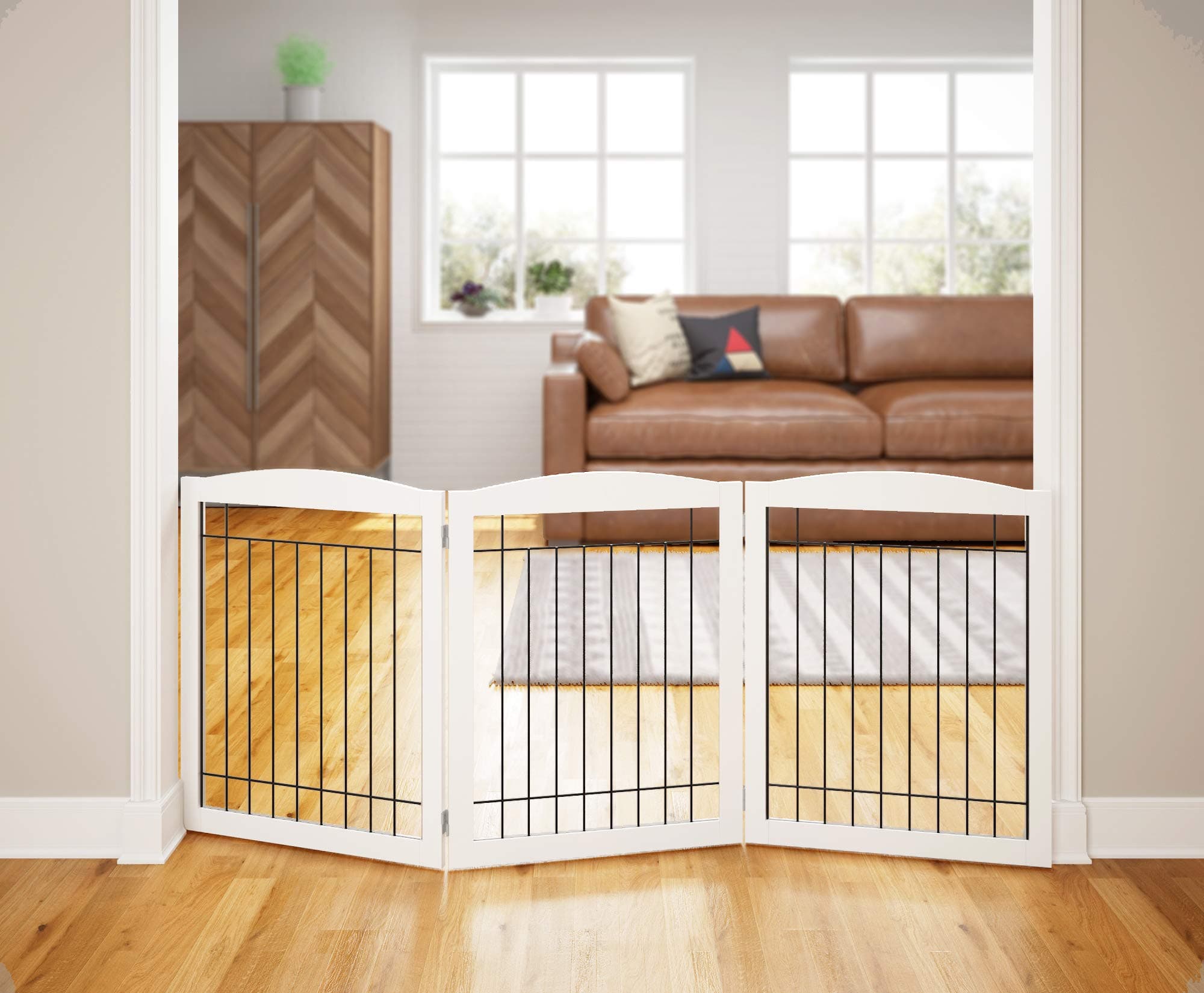 PAWLAND 72“ Extra Wide Dog gate for The House, Doorway, Stairs, Freestanding Foldable Wire Pet Gate, Pet Puppy Safety Fence, 30" Height (White, 3 Panels)