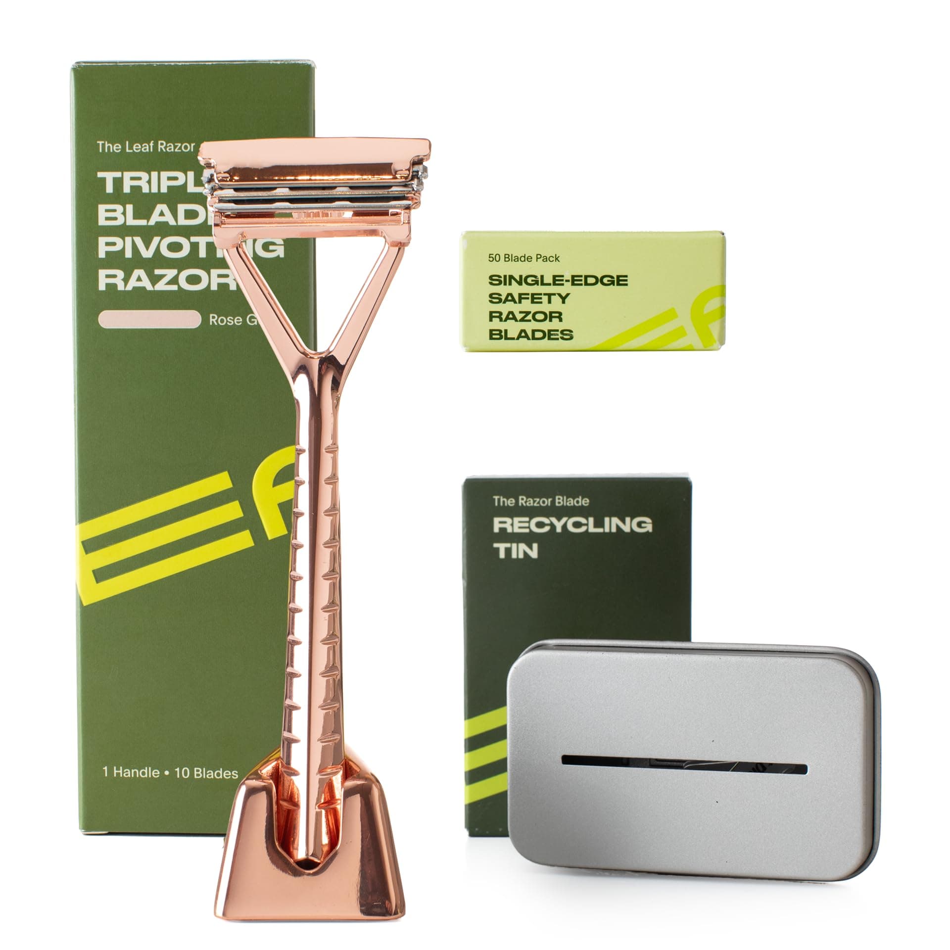 Leaf Shave - Rose Gold Leaf Razor Set: 3-Blade, All-Metal, Pivoting Head, Women's Body & Head Shaver Gift Set