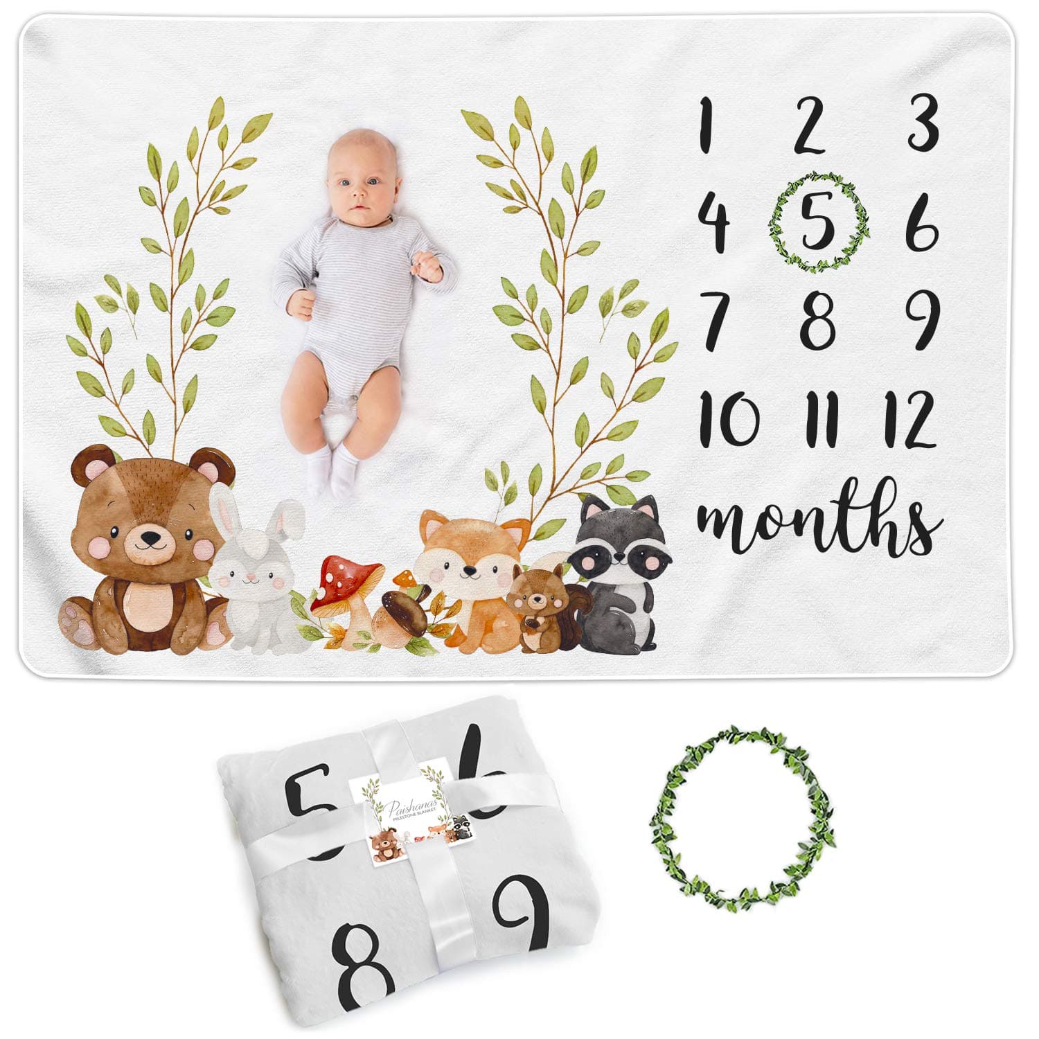 Baby Monthly Milestone Blanket Woodland Boy Girl Gender Neutral Gift for Baby Shower Photo Blanket for Newborn Picture Wreath Included Soft Flannel Blanket