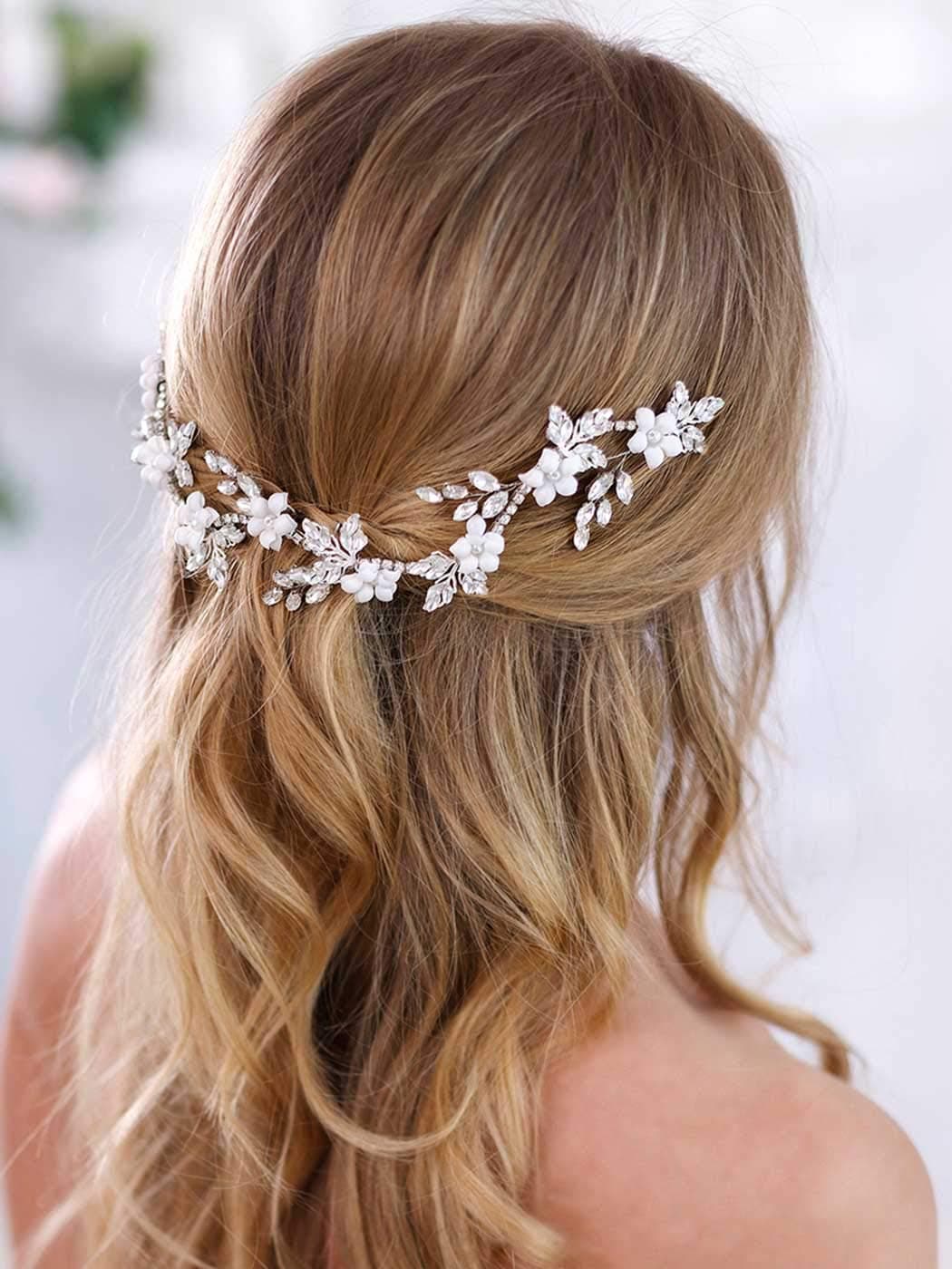 Barogirl Bride Wedding Headband Crystal Flower Headpiece Silver Bridal Hair Accessories for Women