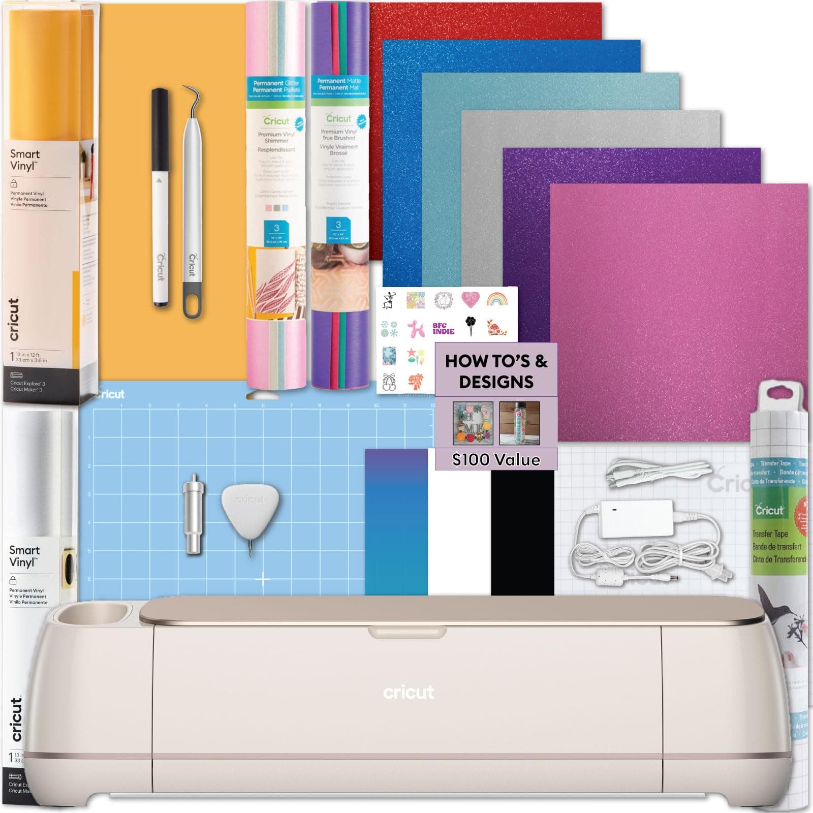 Maker 4 Cutting Machine with Smart Vinyl Rolls Bundle - Electronic Craft Die-Cutting Machine with Variety Vinyl, Transfer Tape and Weeding Tools, Beginner Kit, Bluetooth Connectivity