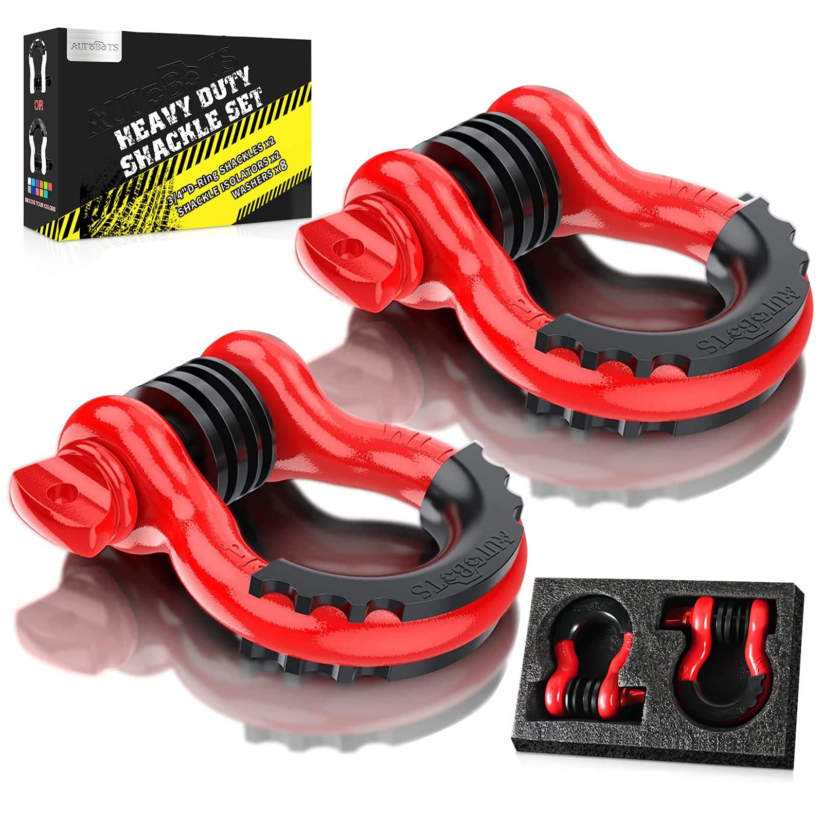 AUTOBOTS Bow Shackle 3/4" D-Ring Shackle (2 Pack), 41,887Ib Break Strength with 7/8" Pin, 2 Isolator and 4 Washers Kit for Off-Road Jeep Vehicle Recovery S-REDBLACK