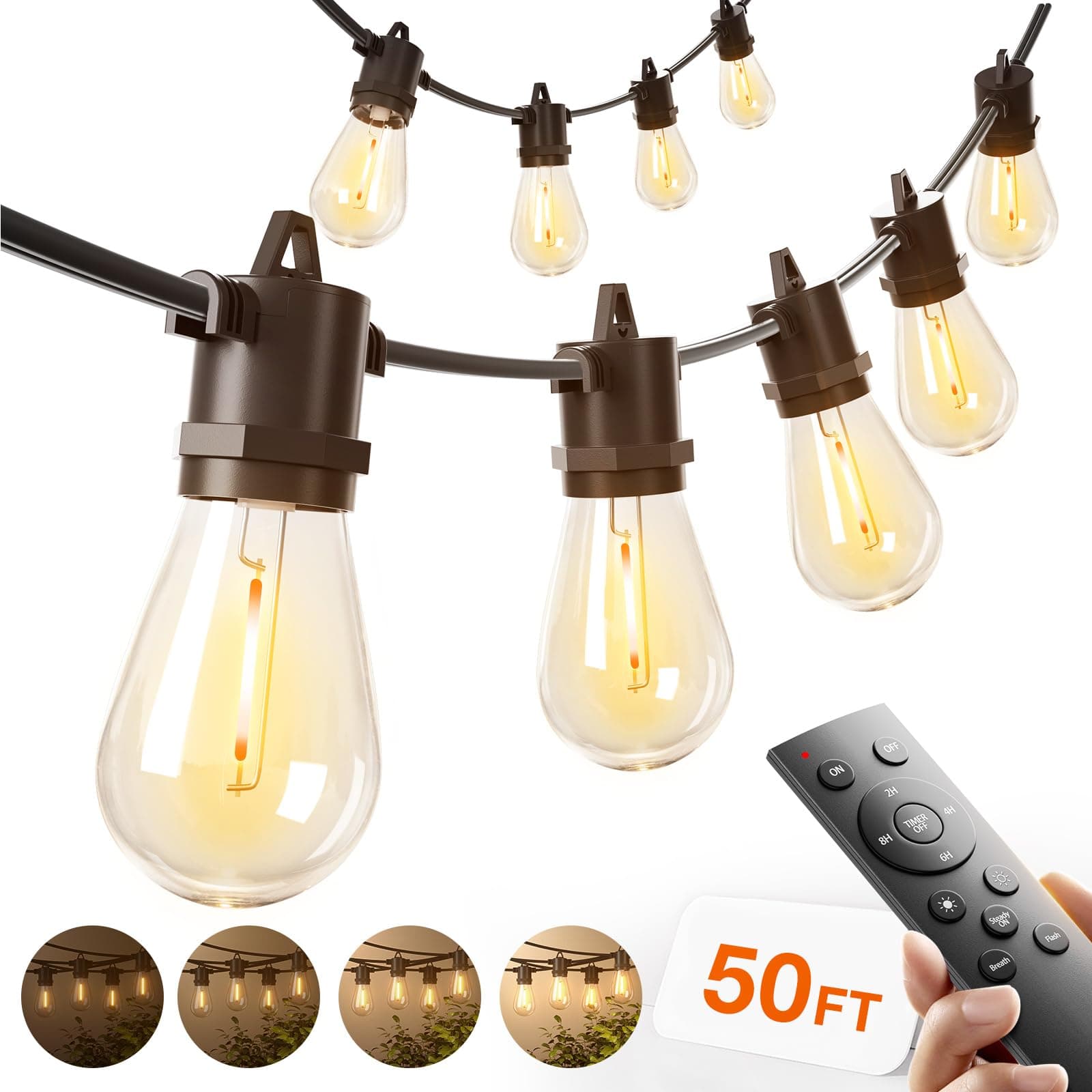 50FT LED Outdoor String Lights, Remote Dimmable Patio Lights with Timer & 3 Lighting Modes, 16 Shatterproof Edison Bulbs, Waterproof Connectable String Lights for Outside Backyard Party Décor
