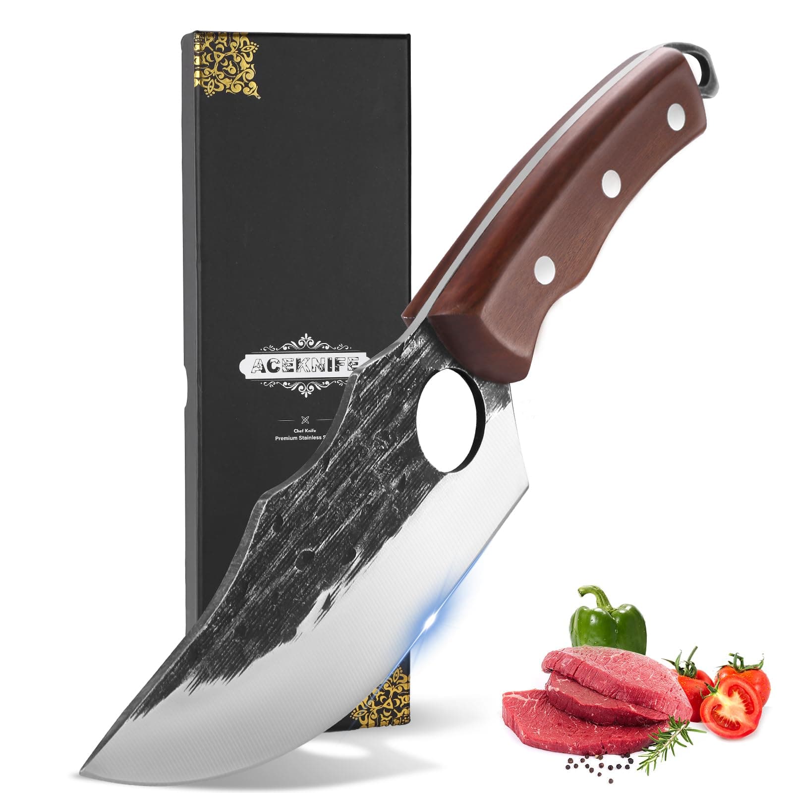 Viking Knife for Meat Cutting, Hand Forged Chef knife, German Steel and Ergonomic Wood Handle, with Sheath for Kitchen and Outdoor,6"