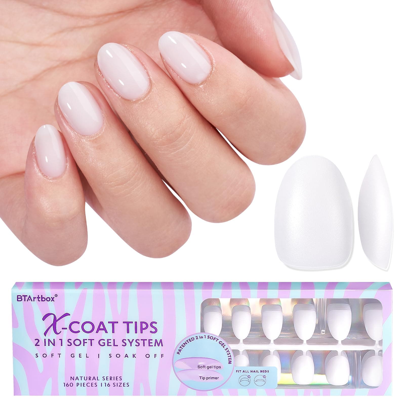 XS Short Almond Gel Nail Tips - Pre Colored Milky White Soft Gel Nail Tips, Milky White Press on Nails, Natural XCOATTIPS