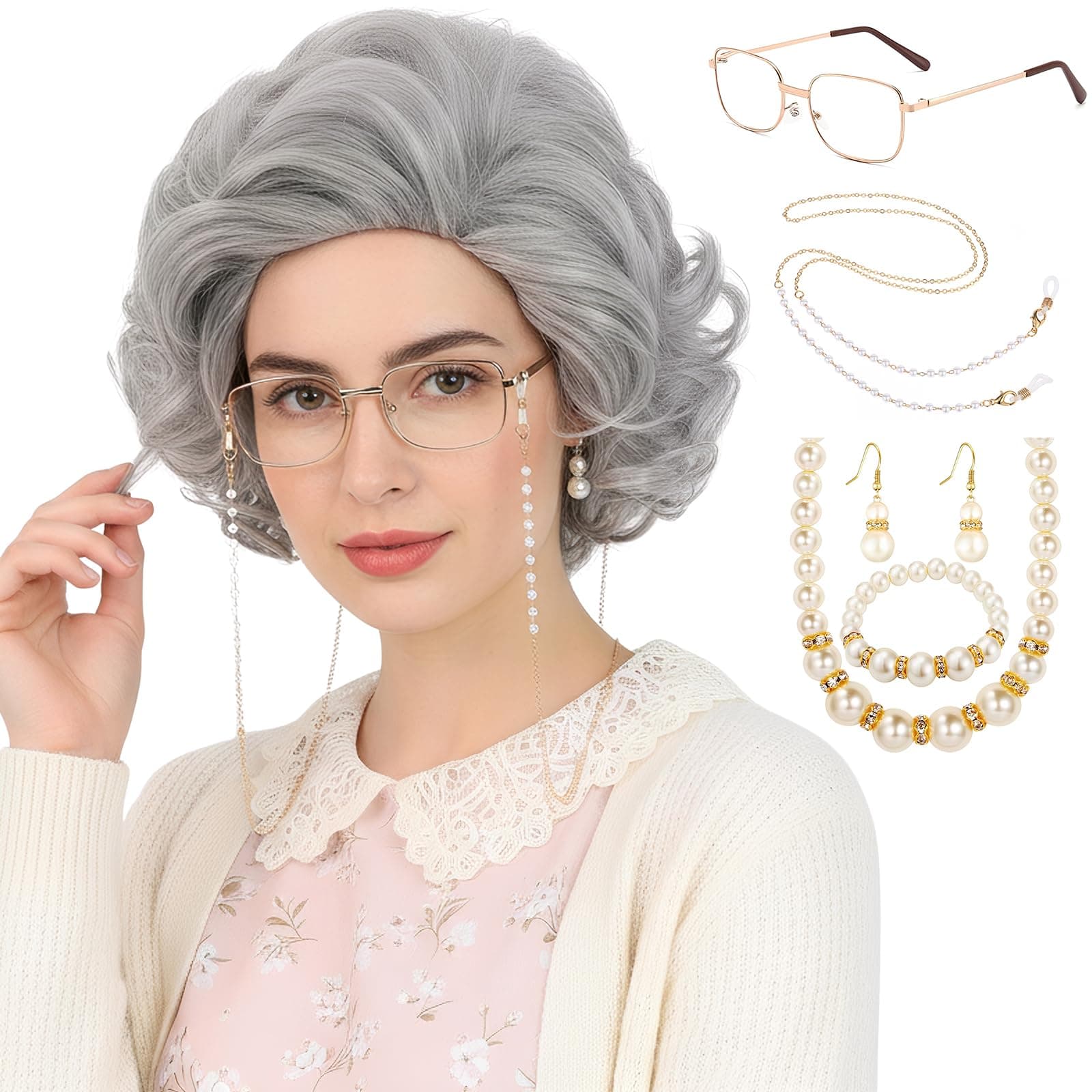Old Lady Wig Costume Set for Women Short Curly Grandma Wig and Glasses Silver Grey Granny Wigs for Old Woman Cosplay Halloween Party (Silver Grey/Old Lady)