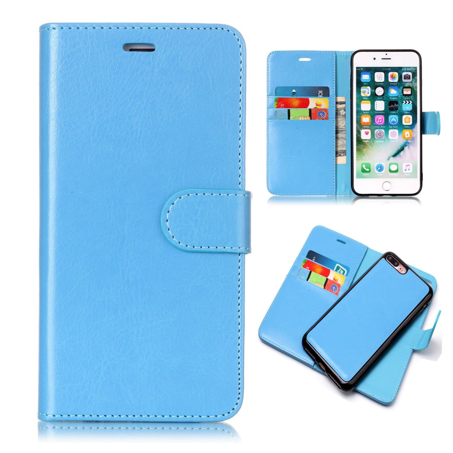 iPhone 8 Plus Case, iPhone 7 Plus Case, UZER 2in1 Detachable Magnetic Back Cover Premium Leather Folio Flip Kickstand Removable Wallet Case with Card Slot Cash Holder Pocket for iPhone 7/8 Plus Blue
