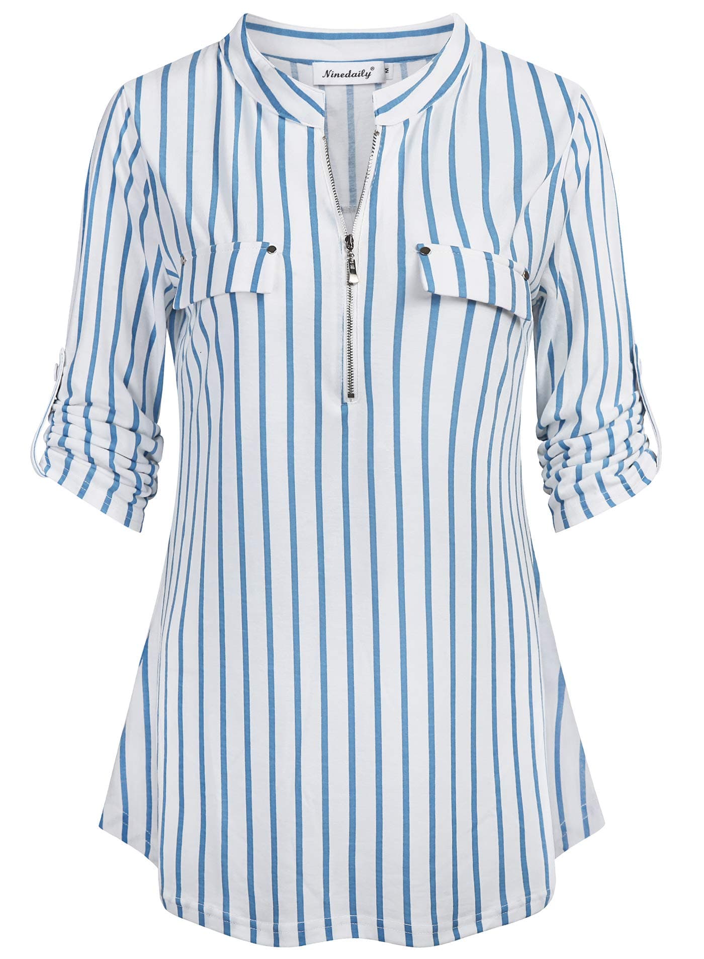 Women's 3/4 Sleeve Plaid Shirts Zip Floral Casual Tunic Blouse Tops