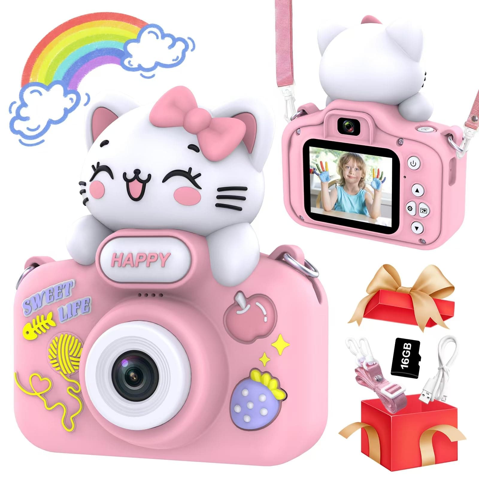 Kids Digital Camera Toys for Girls Ages 3-8, Children Video Camera with Protective Silicone Cover, Birthday Gifts for 3 4 5 6 7 8 Year Old Girls with 16GB SD Card