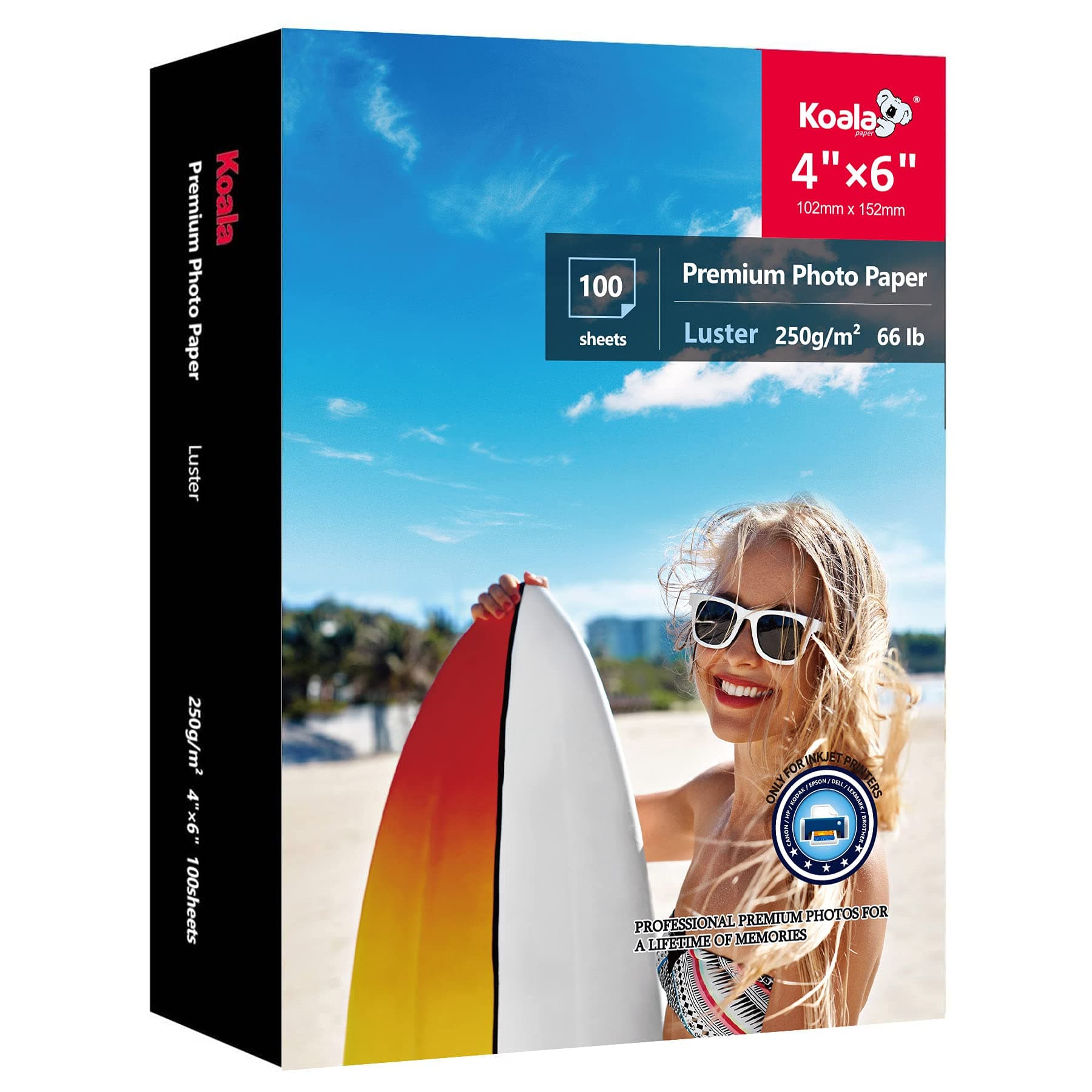 Premium Photo 4x6 Inch Luster Finish, Soft Gloss 66lb Water-resistant, for Inkjet Printer 100 Sheets
