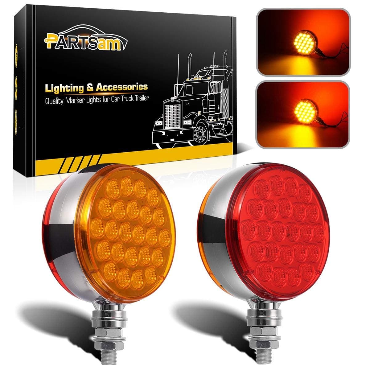 Partsam 2pc 4" Round Double Face Single Stud Mount Pearl Red/Amber 48 LED Pedestal Fender Reflective Lights w Chrome Housing Sealed Replacement for Heavy-duty Trucks, DOT Compliant, 10-30V