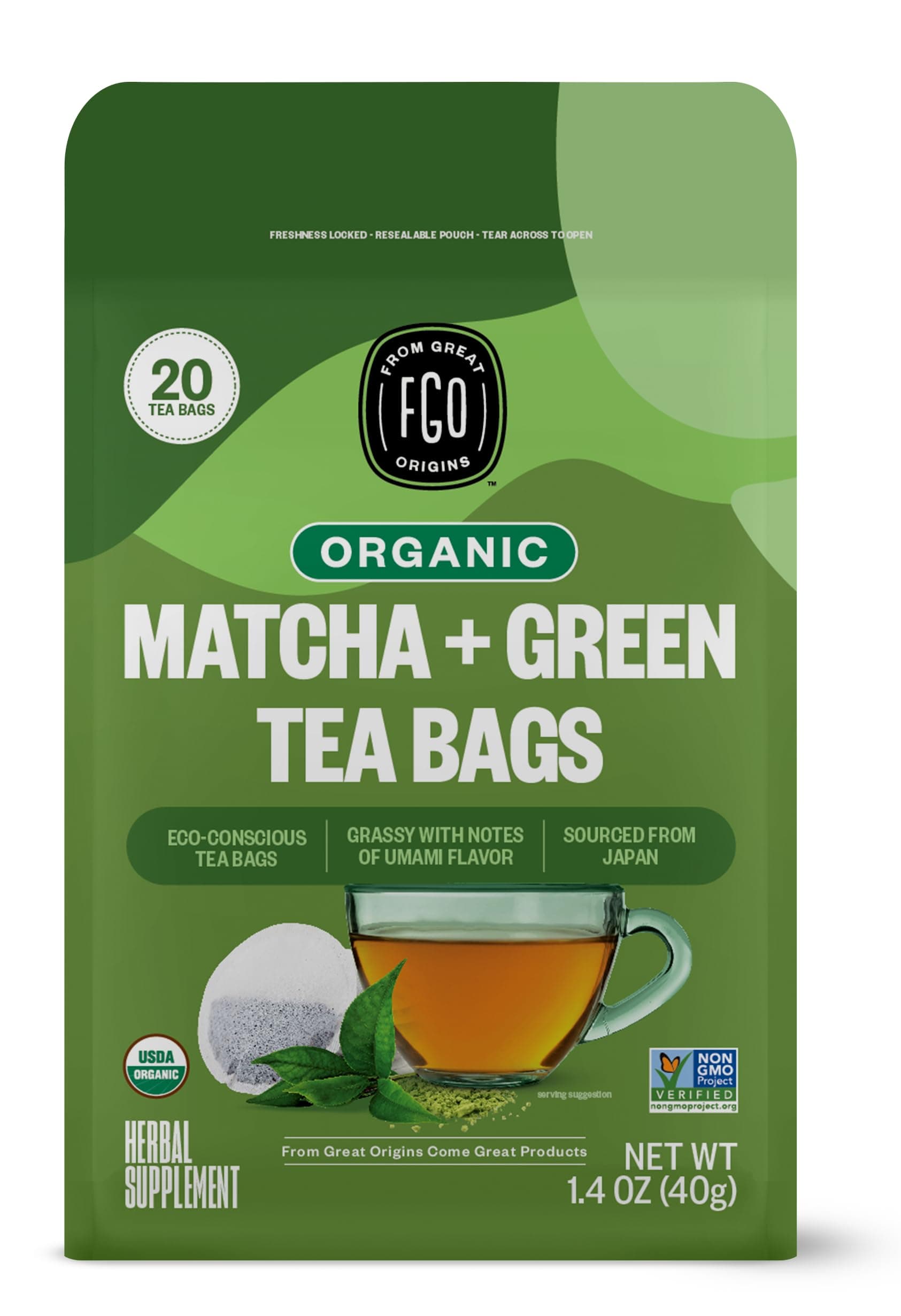 FGO Organic Japanese Matcha + Green Tea, 20 Count, Eco-Conscious Tea Bags, Resealable Bag, Packaging May Vary (Pack of 1)
