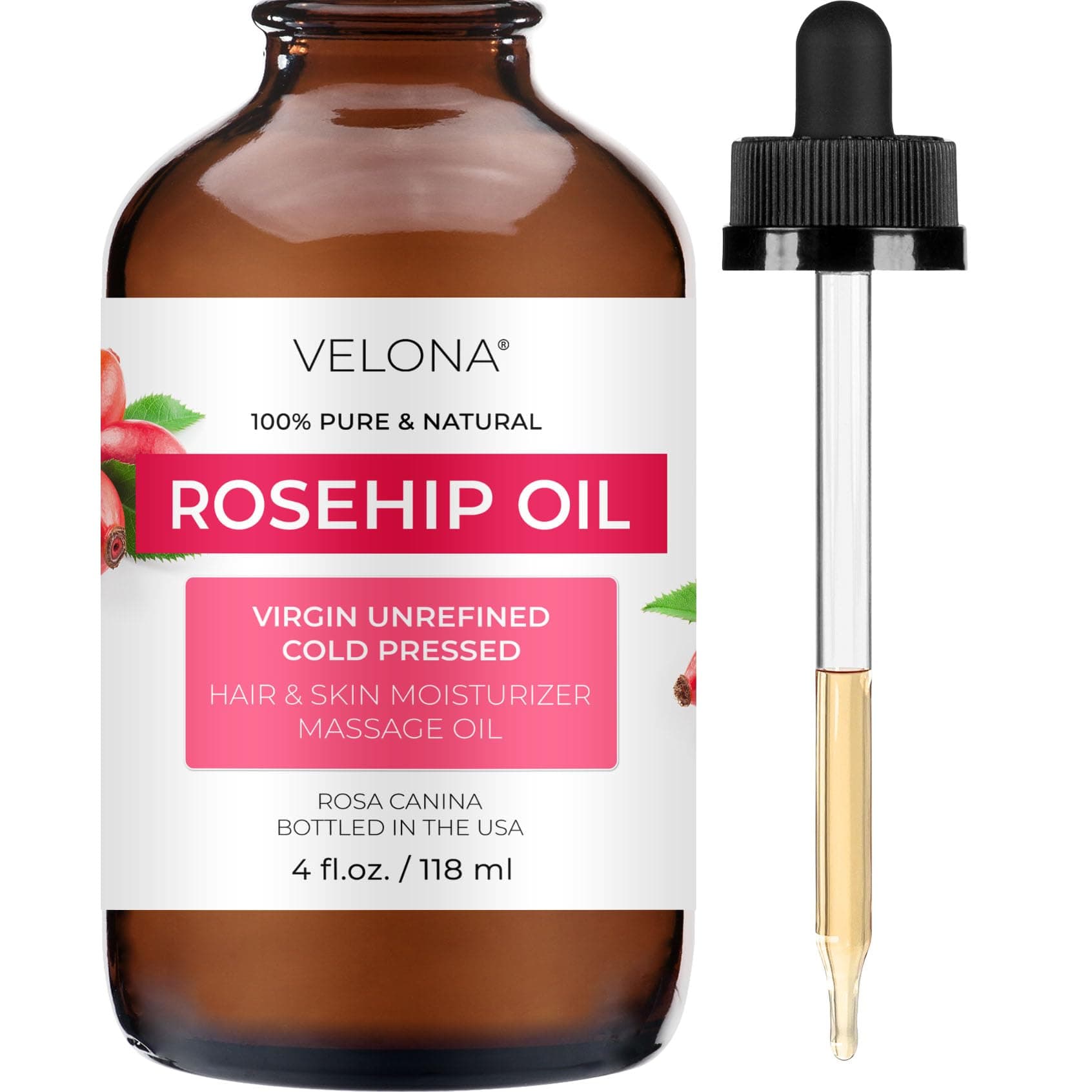 velona Rosehip Oil USDA Certified Organic - 100% Pure and Natural Carrier Oil, Unrefined, Cold Pressed, Hexane Free, Moisturising Face, Hair, Body, Skin Care, Stretch Marks, Scars etc