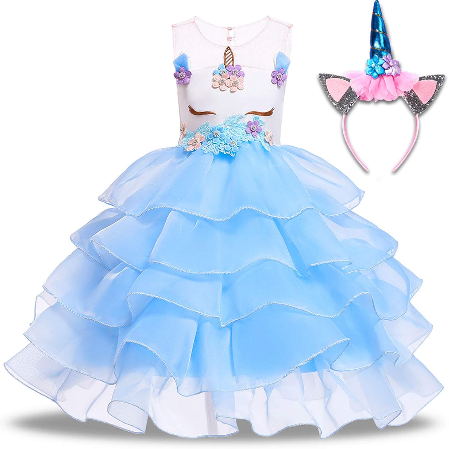 1-8 Years Toddler Girls Unicorn Dress Birthday Party Rainbow Tulle Unicorn Princess Tutu Dress with Unicorn Headband