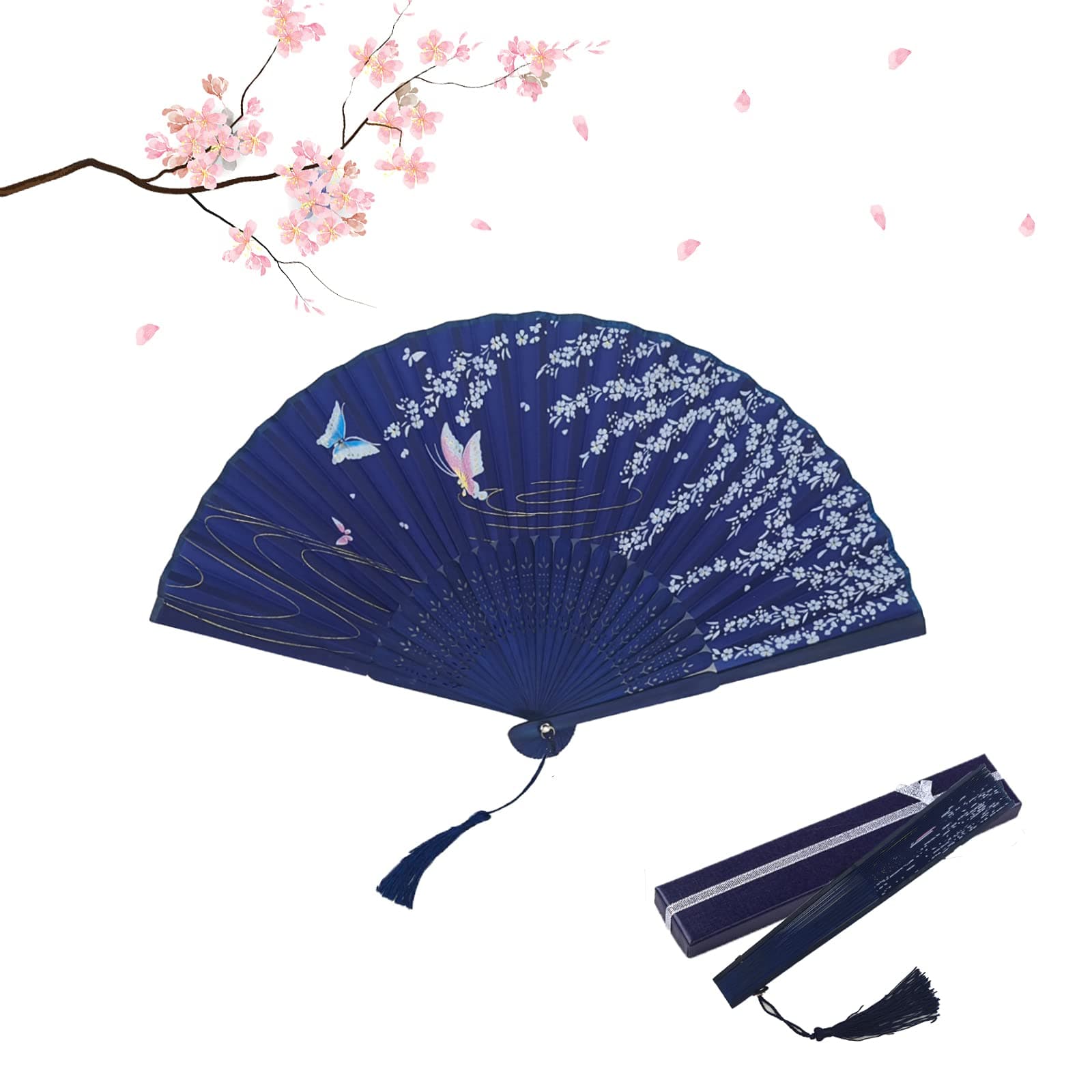 GrantopGrantop Folding Hand Fans, Handheld Folding Fan for Women, Chinese Vintage Style Handheld Silk Folding Fan for Birthday Wedding Party Decoration (Blue-Pearflower)