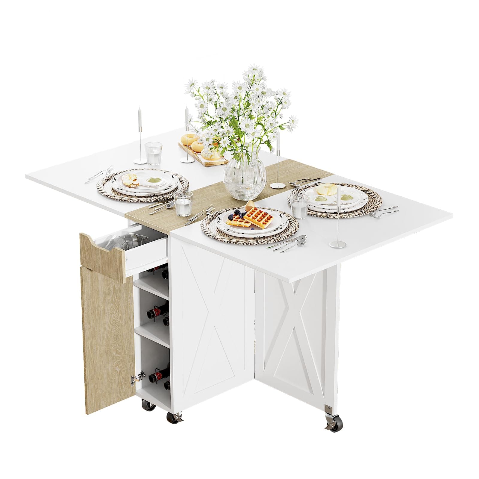 Folding Dining Table, Small Dining Table, Space Saving Dining Table with 6 Wheels, Kitchen Table Sewing Table for Small Spaces (White)