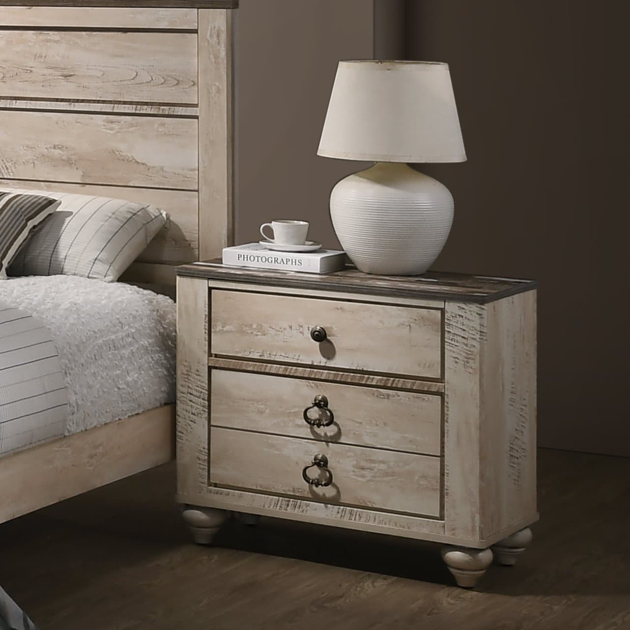 Roundhill Furniture 3 Drawer Patched Wood Top Nightstand, White-wash, 29.8" W x 18.25" D x 26.13" H