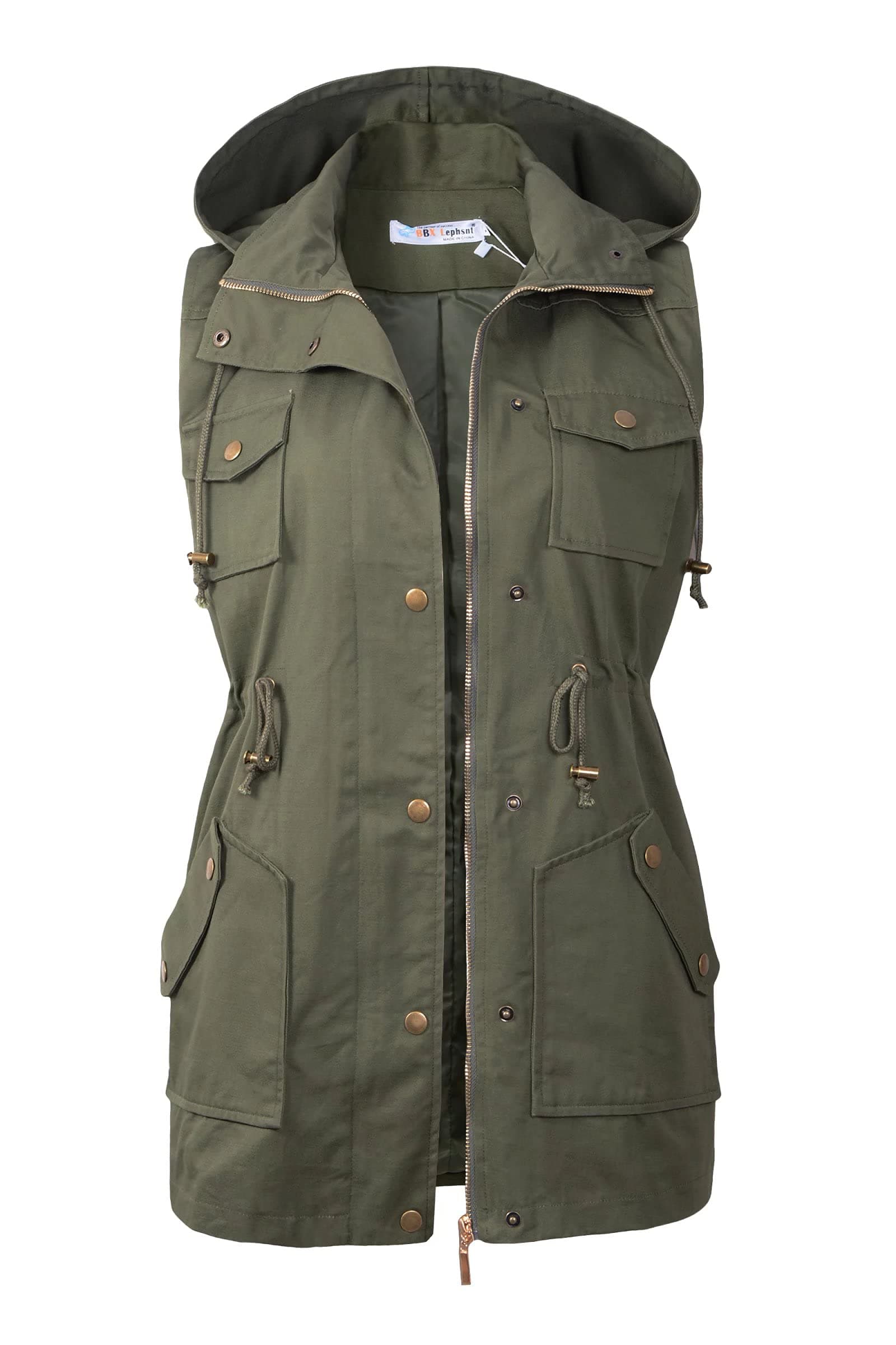 Womens Utility Vest Drawstring Waist Military Sleeveless Jacket