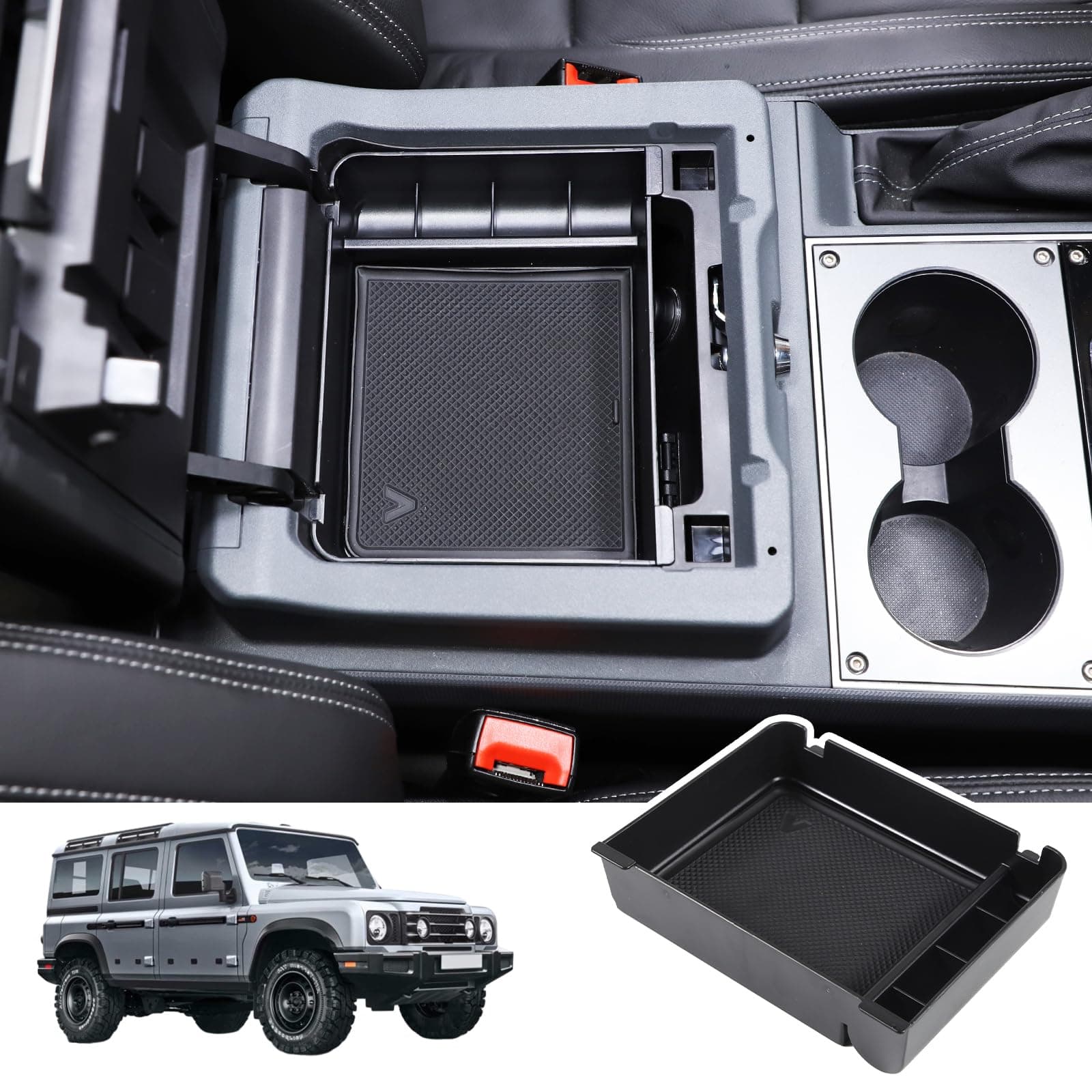 Car Armrest Storage Box Tray Compatible with INEOS Grenadier 2022 2023 2024 2025 Center Console Armrest Organizer Storage Box Tray With Anti-Slip Mat ABS Accessories