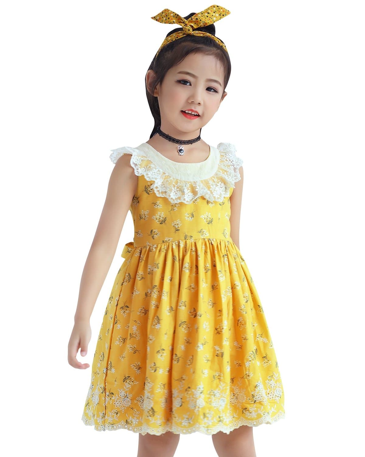 Flower Lace Rose Embroidery Cotton Girls Dress Ruffle Design Childrens Dresses with Lining Yellow Color 2-10T (8-9T Height 56", Light Yellow)
