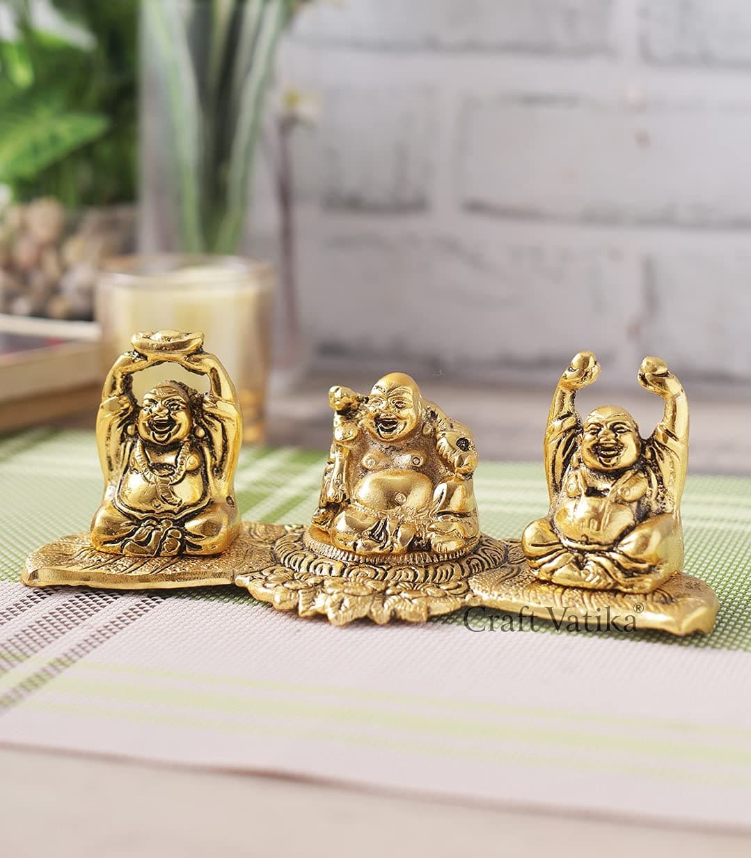 CraftVatika Metal Laughing Buddha Statue for Money, Wealth, Fengshui Vastu and Good Luck (Golden, 7.5 Inches Length x 2.8 Inches Height x 3 Inches Width), Idol