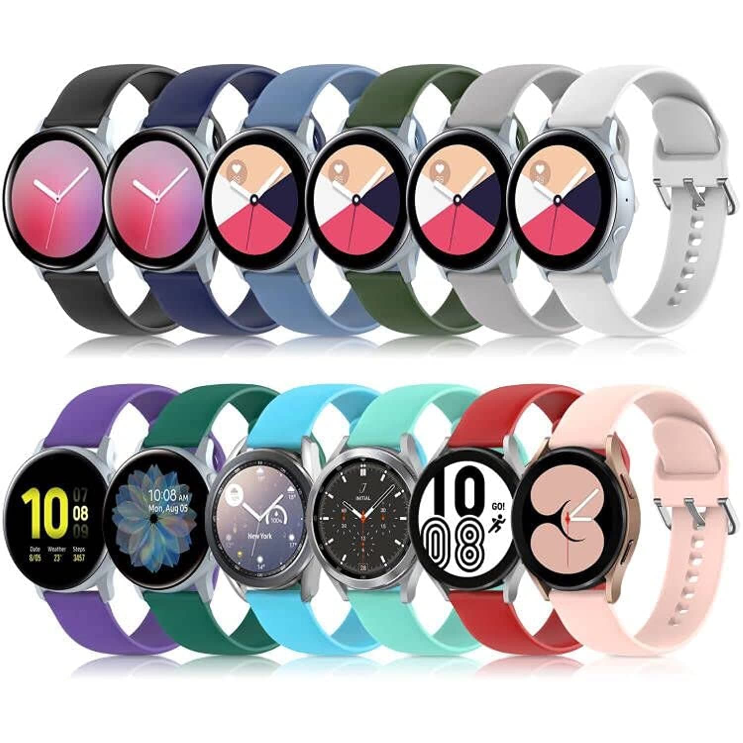 12 Pack Silicone Bands Compatible with Samsung Galaxy Watch Active 2/Active 40mm 44mm/Galaxy Watch 6&5&4 40mm 44mm/Watch 3 41mm/Watch 42mm, Gear S2 Classic/Gear Sports (20mm)(Silver Buckle)