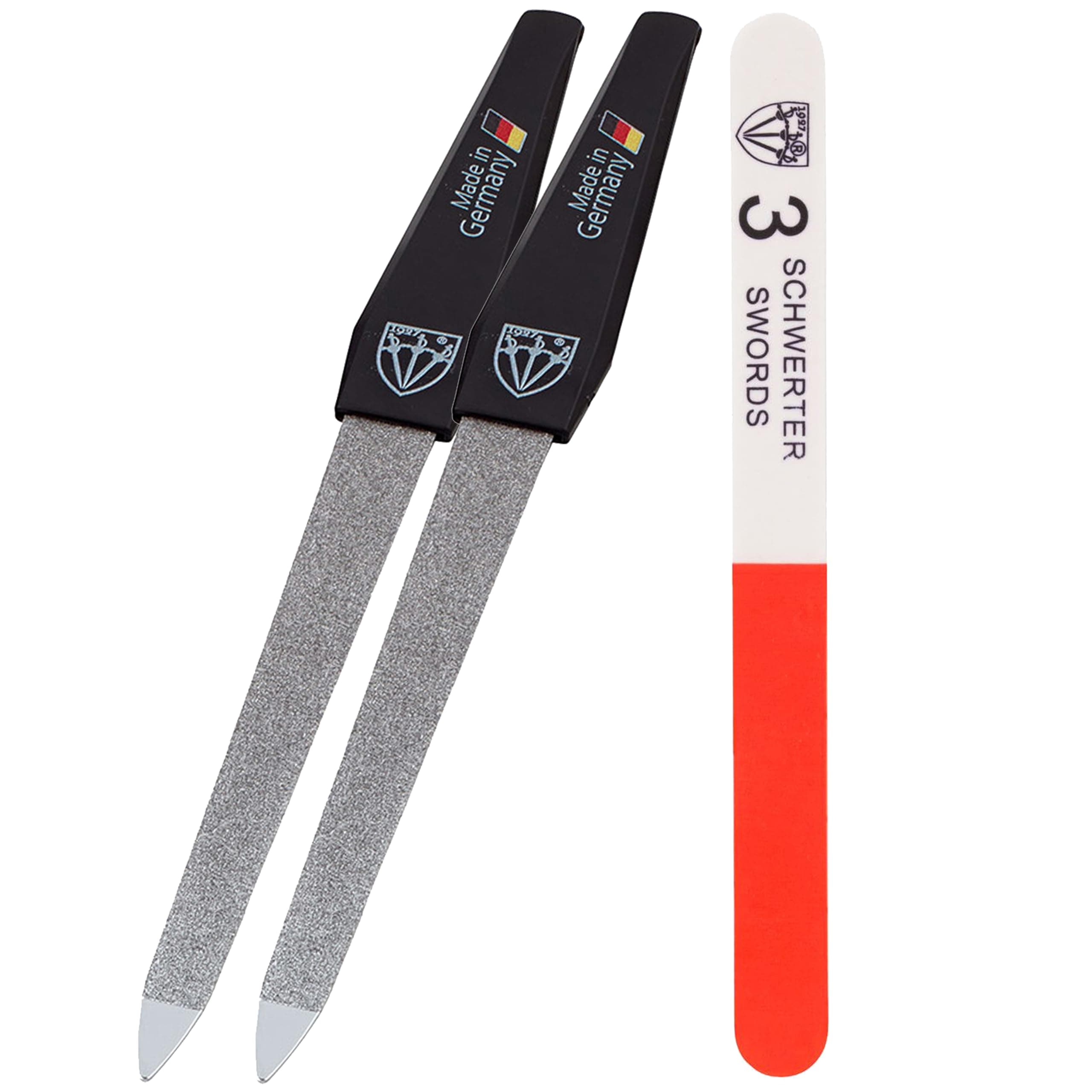 3 Swords Germany - brand quality double sided (fine & coarse) SAPPHIRE NAIL FILE (2 pcs.) with 3-way nail buffer (1 pc.), manicure pedicure finger & toe nail care by 3 Swords, Made in Solingen Germany