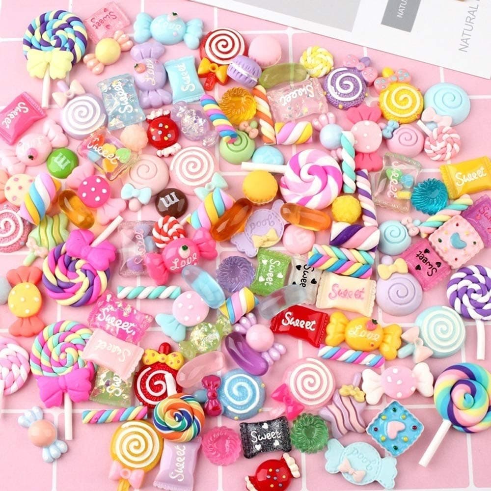 KHTOKHTO 120 Pcs Slime Charms Mixed Candy Sweets Resin Flatback Slime Beads Making Supplies for DIY Scrapbooking Crafts Whith Storage Box