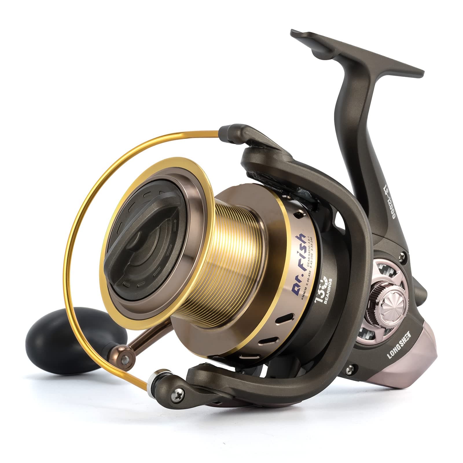 Dr.Fish Long Shot Spinning Reel, 10000/12000 Saltwater Surf Fishing Reel, 13+1 BBS, 48LB Max Drag, Ultra High Capacity, Heavy Duty Long Cast Offshore Trolling Surf Casting