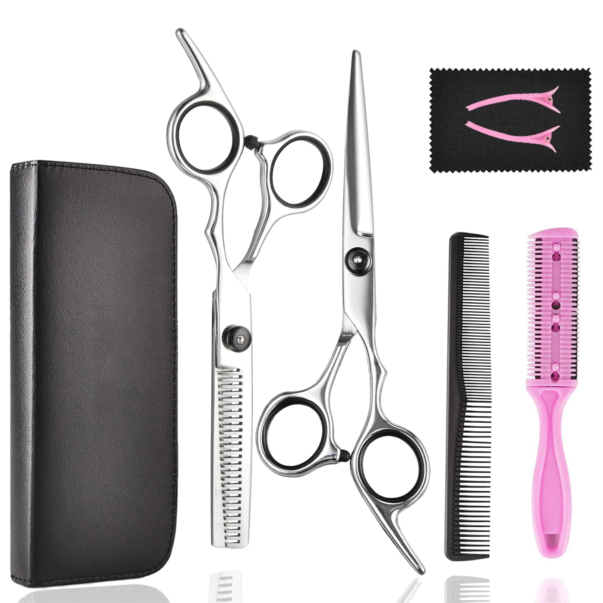 Fcysy Hair Cutting Scissors Thinning Shears- Professional Barber Sharp Hairdressing Shears Kit With Haircut Accessories In Leather Case For Styling Women Men Pet- 7 Pcs