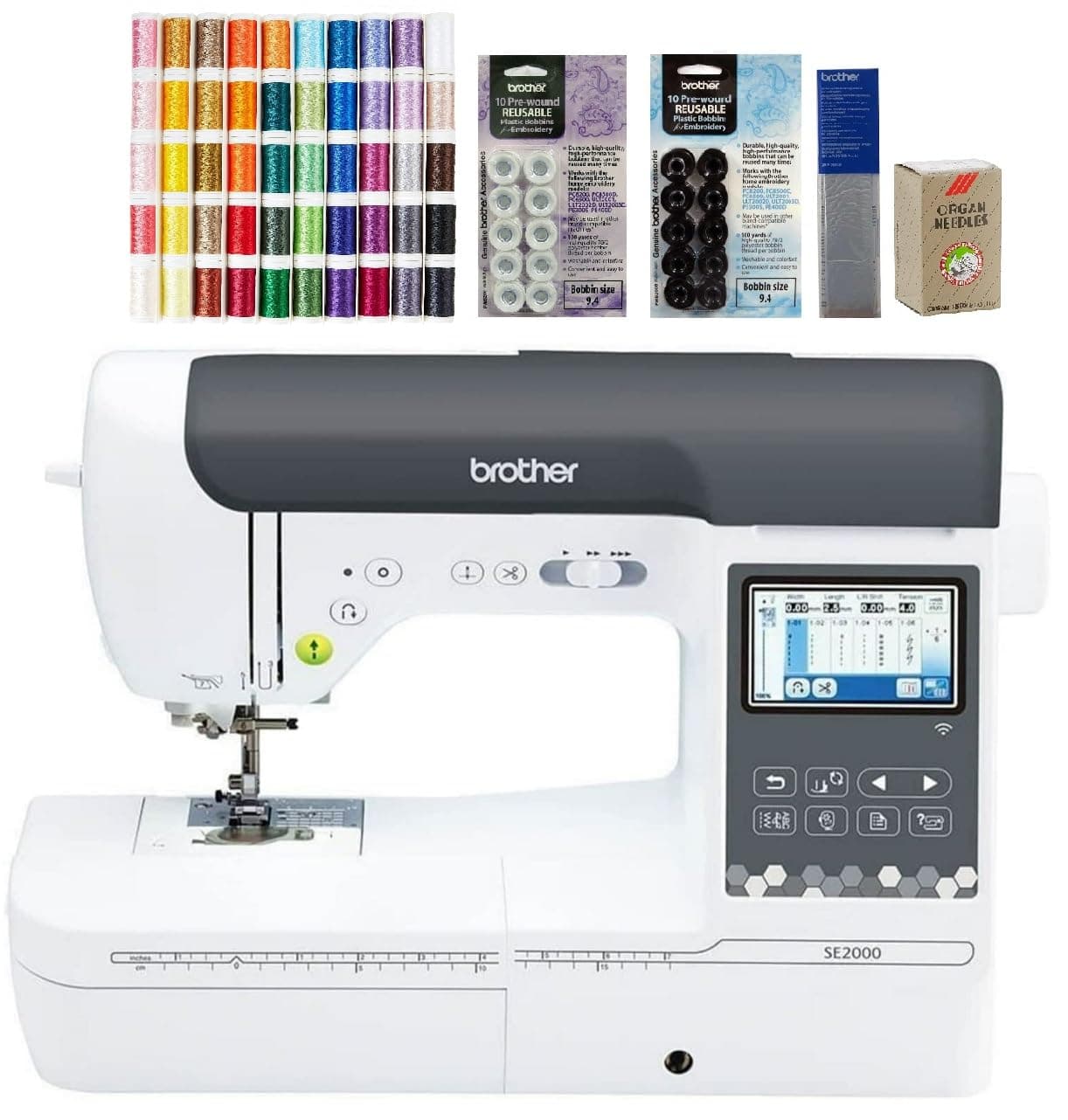 Brother SE2000 Computerized Sewing and Embroidery Machine (SE2000 + Designio 50ct Thread) 50-Piece Designio Thread Set, 20 Bobbins, 100-Piece 75/11 Embroidery Needles, Stabilizer Roll