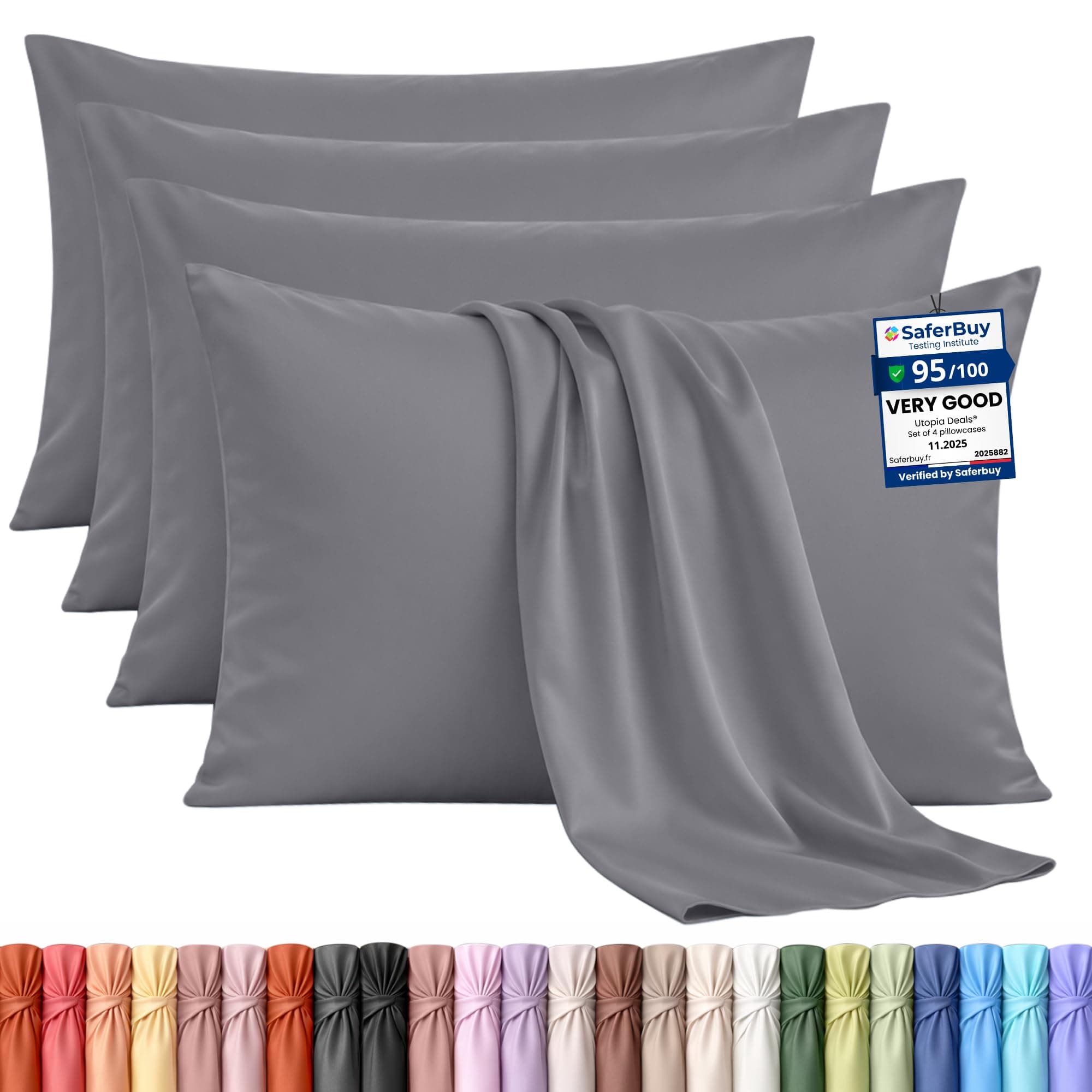 Utopia Bedding - 4 Pack Pillow Cases - OEKO-TEX - Standard Size 50x75 cm - 100% Brushed Microfiber Pillowcases with Envelope Closure, pillows not included - Wrinkle, Fade, & Stain Resistant - Grey