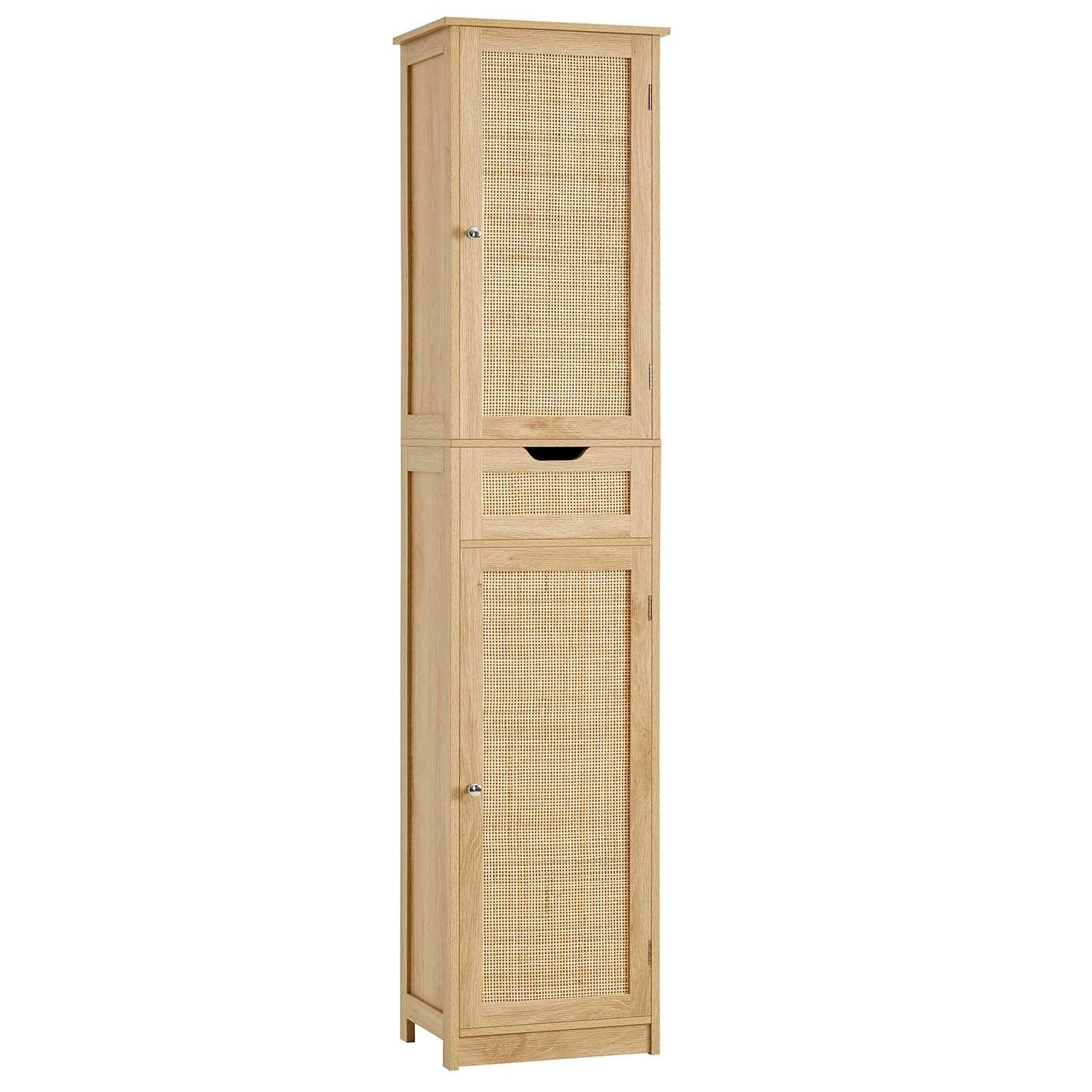 Iwell Tall Narrow Storage Cabinet with Doors, Rattan Cabinet with Adjustable Shelves, Freestanding Linen Storage for Living Room, Entryway, Kitchen, Bathroom, Natural