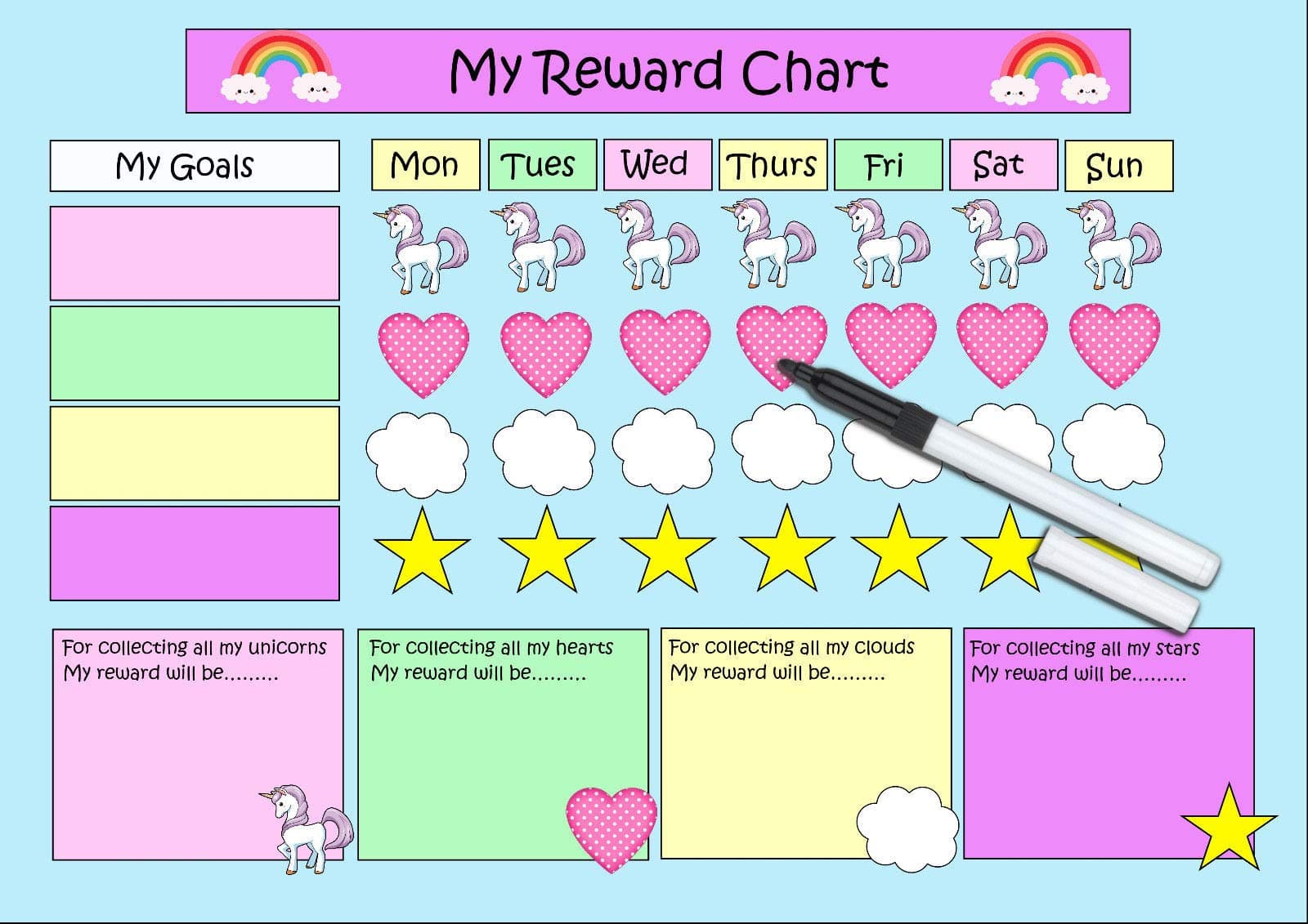 kids2learn Personalised Reward Chart - Girls Unicorn Weekly Routine Planner / Chores / Homework / Good Behaviour - Includes pen & 90 Stickers
