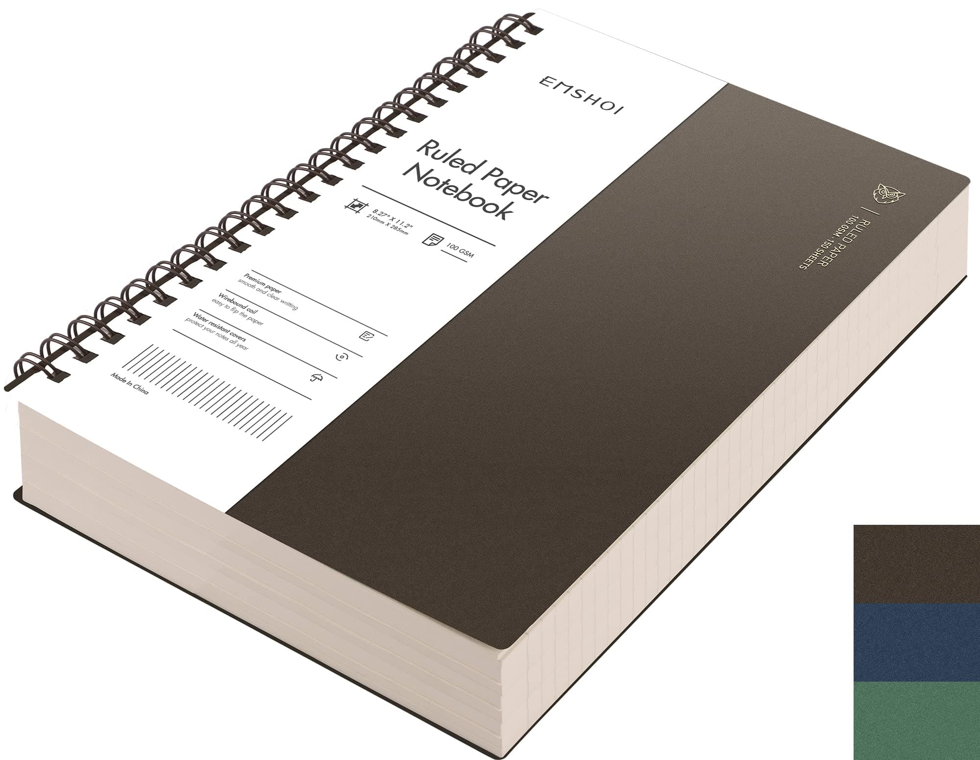 EMSHOI A4 Spiral Notebook, 11.2" X 8.27", College Ruled Lined Journal, 300 Pages/150 Sheets, Easy Tear Perforated Pages, 100gsm Thick Paper, Waterproof Softcover, for School Work Writing-Coffee