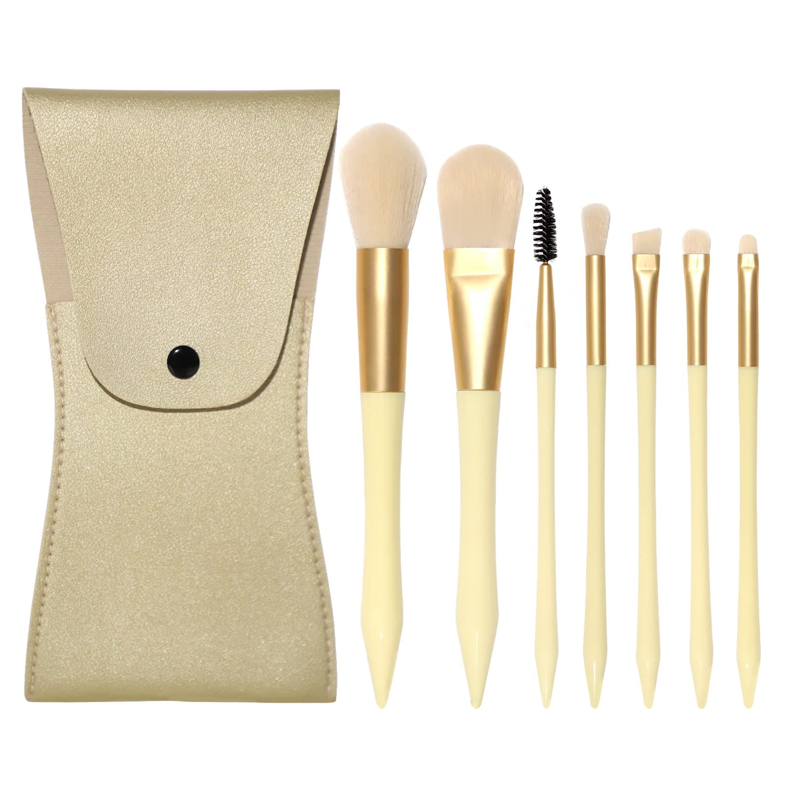Oputemon Travel Makeup Brush Set 7pcs Premium Synthetic Foundation Blending Blush Concealer Eye Shadow Cosmetic Brush Set，Includes Eyebrow Brush & Lip brush, Elastic Bristles Plastic Handle With Leather Case Packaging ,Perfect For Travel，Matte Gold