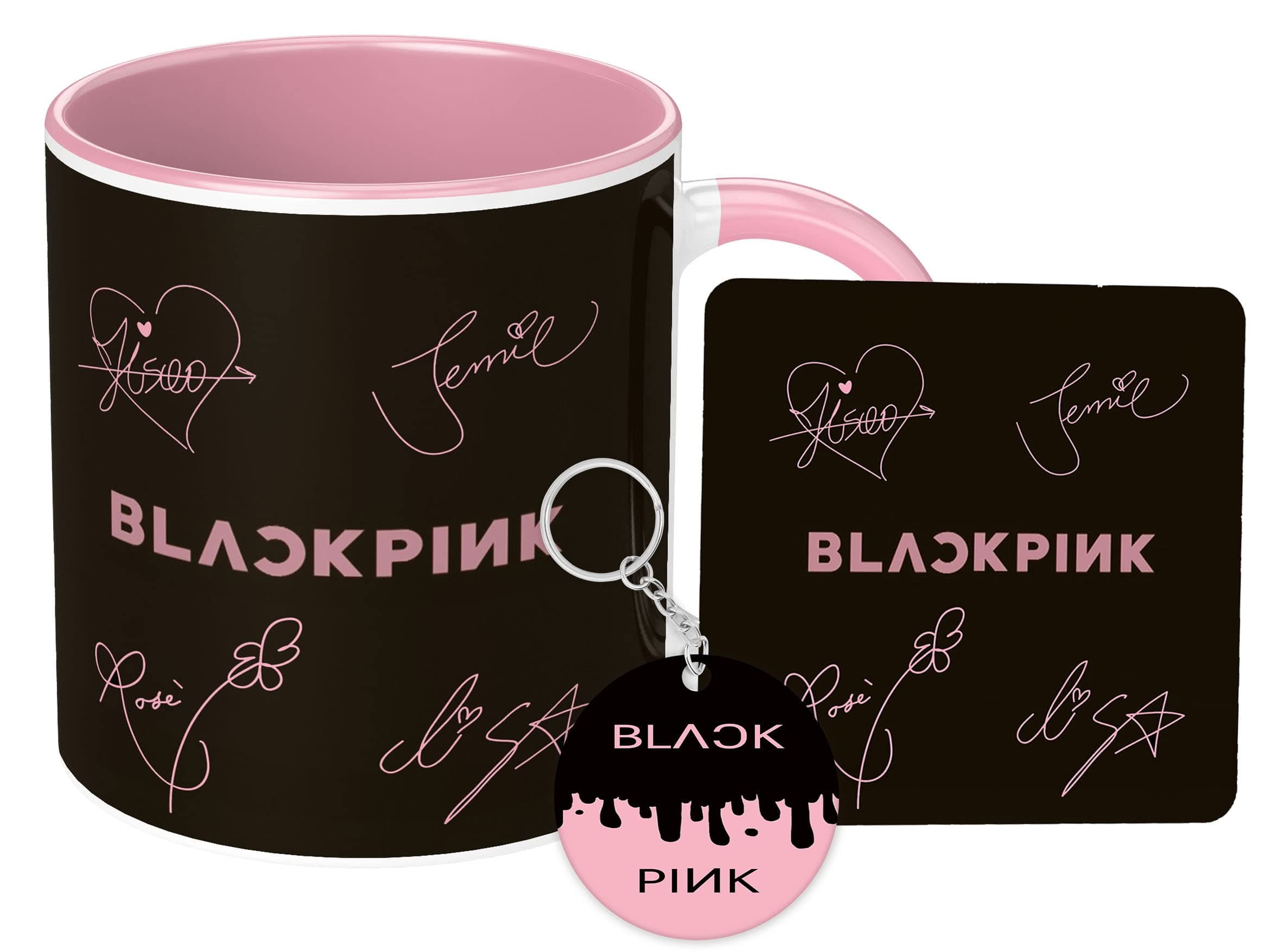 NH10 Designs Blackpink Mug Blackpink Mug Coaster with Keychain Gift for Girls Boys Hd Printed Microwave Safe Three Tone Light Pink Ceramic Coffee Mug (350 ml)(3TBLKPNKMCK-34) Pack of 3