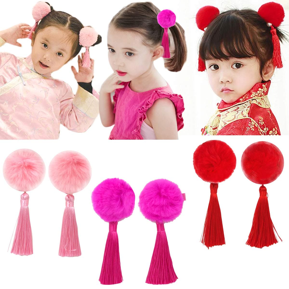 CÉLLOT Baby Girls Chinese Style Hairy Furry Balls Bows Tassels Hair Clips Barrettes for Kids Festival