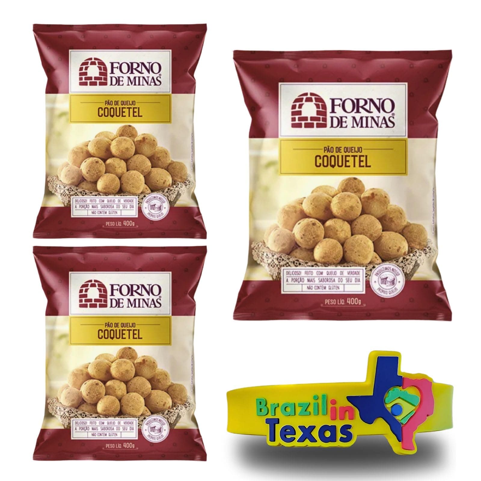 Pão de Queijo Brasileiro Congelado Tamanho Mini Forno de Minas 400g | Pack of 3x400g | Brazilian Frozen Cheese Bread Mini Size + Silicone Bracelet Souvenir | Brazil in Texas | Bundle