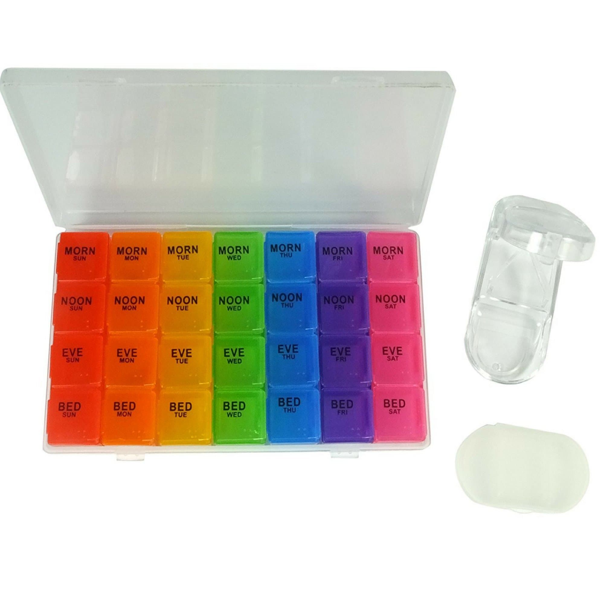 Small 7 Day Weekly Pill Organizer Travel Prescription Medication Box Plastic Case Morning Noon Afternoon Night Compartments