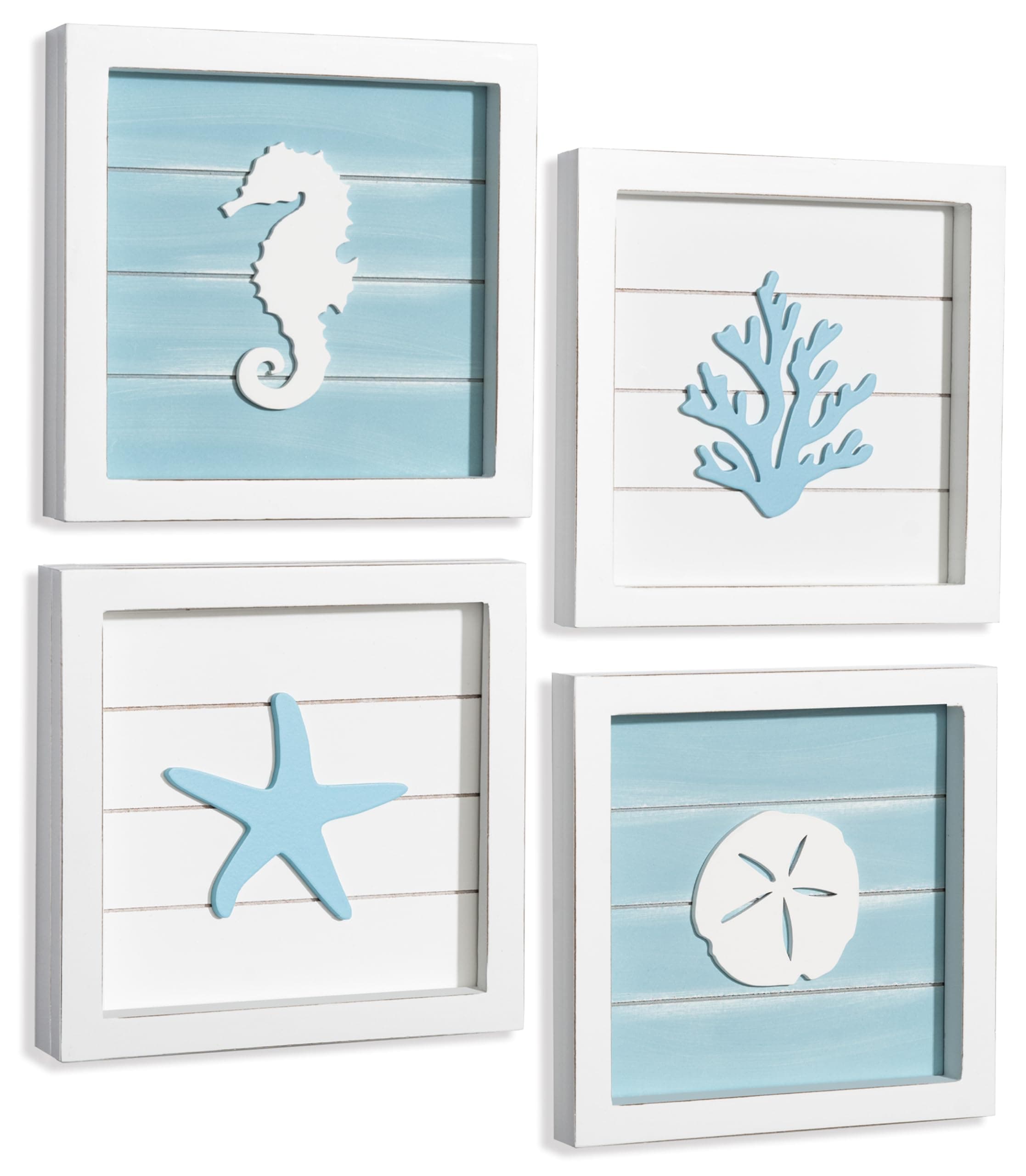 Tide and Tales Ocean Theme Beach Wall Decor (Framed Set of 4) Coastal 3D Wall Art with Starfish, Seahorse, S Dollar Coral - Turquoise Beach Bathroom Decor - Seashell Beach Decorations for Home