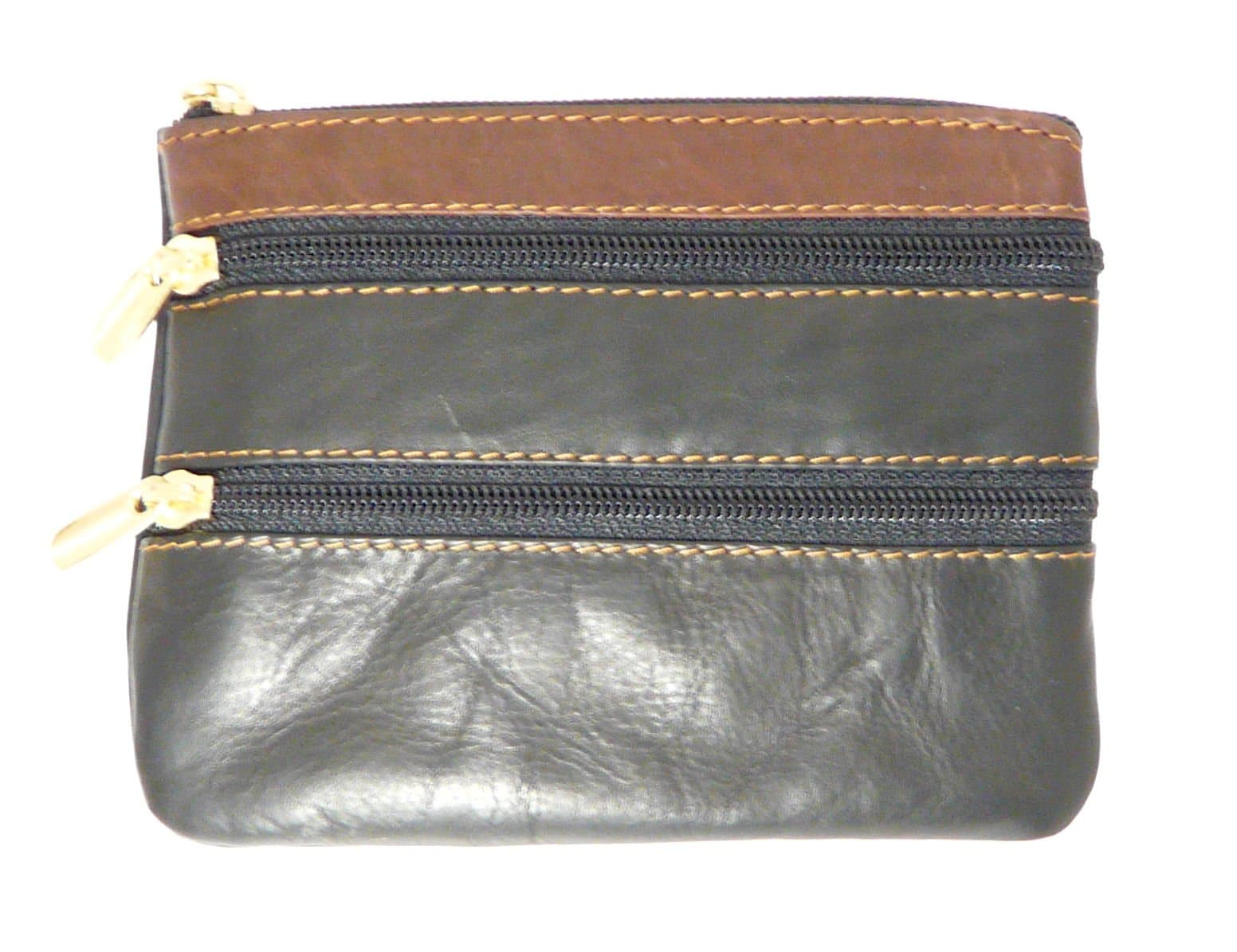 Ladies Black And Brown Leather Coin Purse With Three Zip Fastening Sections