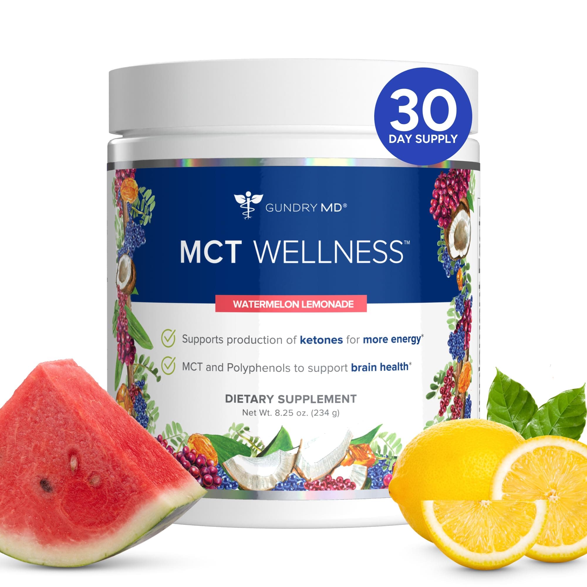 MCT Wellness Powder to Support Energy, Ketone Production and Brain Health, Keto Friendly, Sugar Free (30 Day Supply, Watermelon Lemonade)