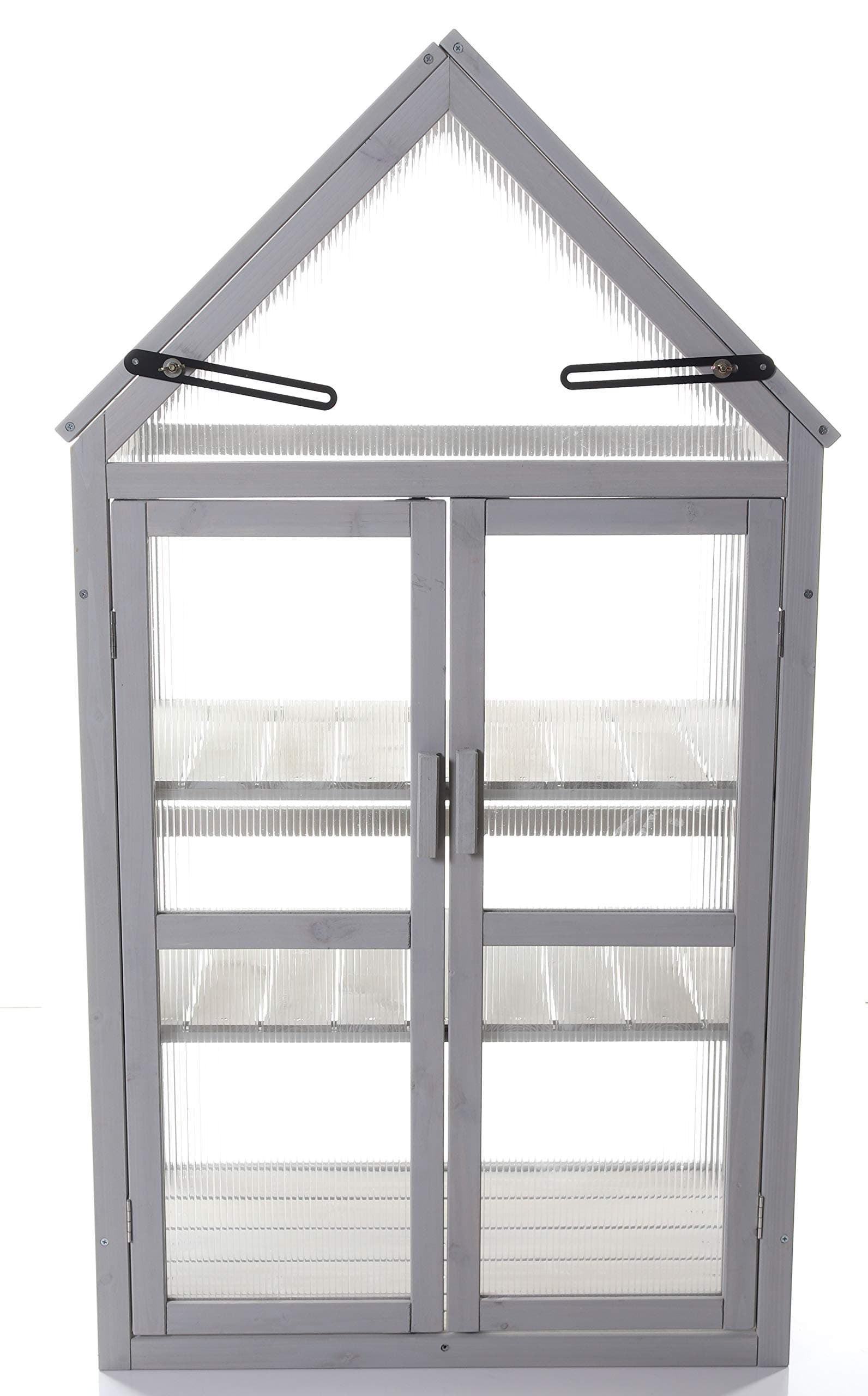 R70200425 Dove Gray Wooden Growhouse with UV Treated Polycarbonate Glazing and Adjustable Shelves. Dimentions:16" x 28" x 52" inches (LxWxH)