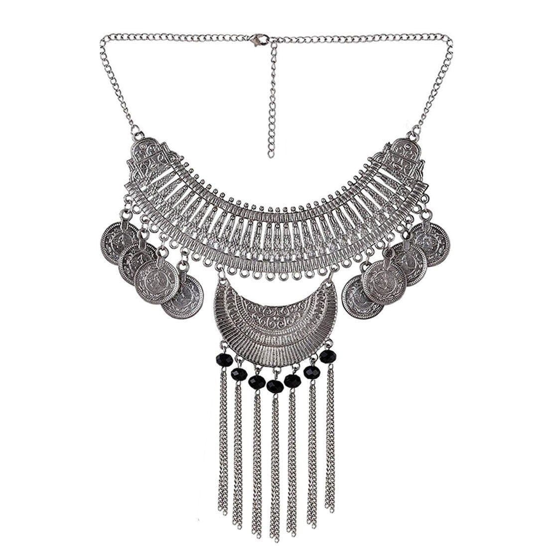 WUJO Afghani Designer Turkish Style Vintage Oxidised German Silver Tribal Jhumki Necklace Pandeant Antique Jewellery Set for Girls & Women Boho Gypsy
